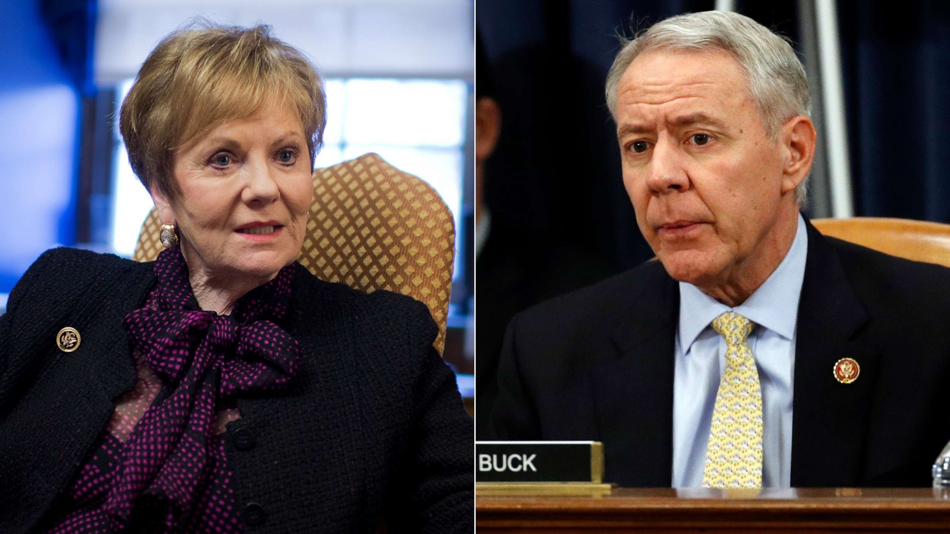 PHOTO: Rep. Kay Granger, R-Texas, is interviewed by Roll Call in her Longworth Building office, March 4, 2015; and Rep. Ken Buck, R-Colo., votes on the impeachment against former President Donald Trump on Capitol Hill, Dec. 13, 2019 in Washington, DC.