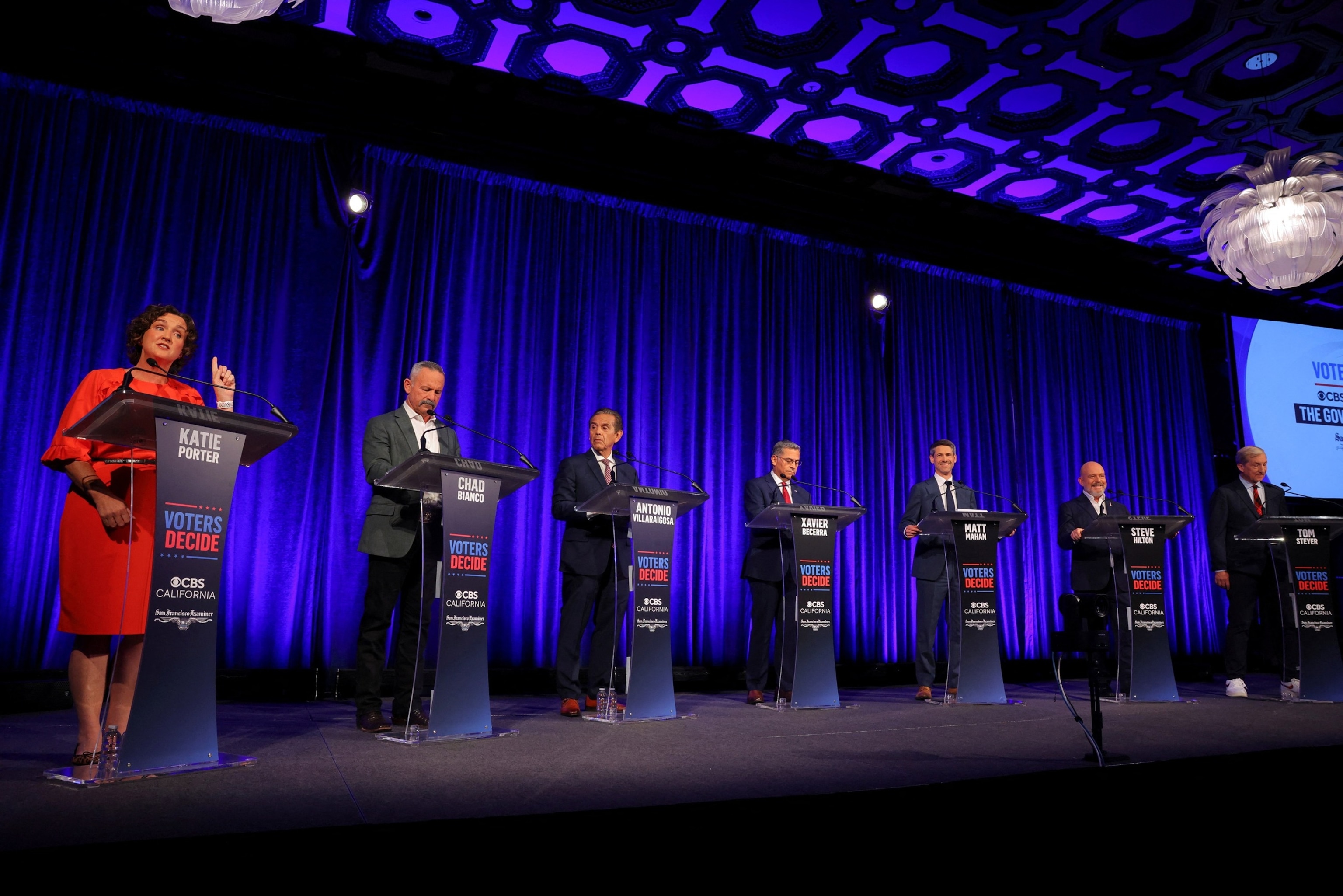 PHOTO: Katie Porter, Chad Bianco, Antonio Villaraigosa, Xavier Becerra, Matt Mahan, Steve Hilton and Tom Steyer attend a debate in the race for governor of California, hosted by the San Francisco Examiner and CBS, in San Francisco, May 14, 2026.