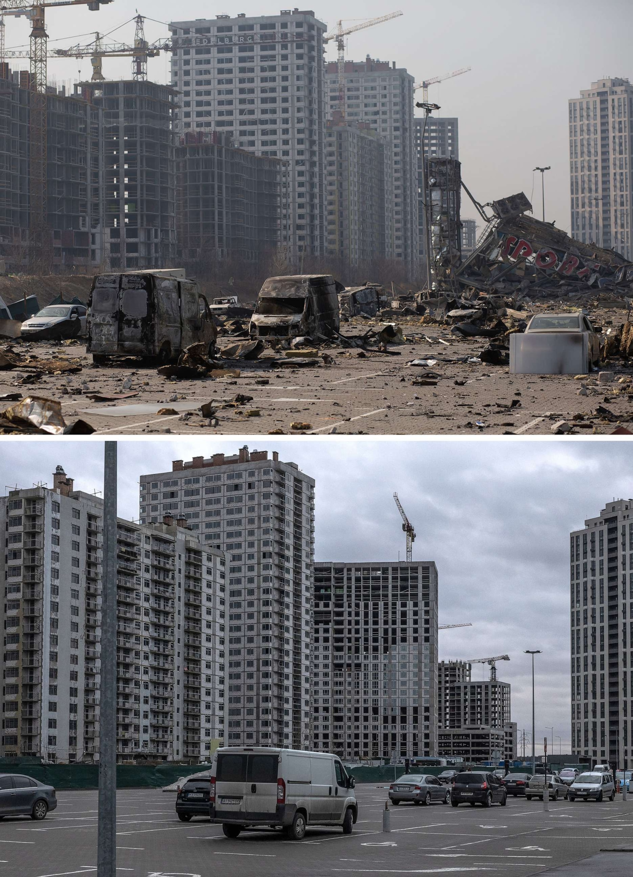 PHOTO: Top image shows the site of a rocket explosion where a shopping mall used to be, March 23, 2022 in Kyiv, Ukraine. Bottom photo shows cars parked on a parking lot, next to a shopping mall, Feb. 18, 2023 in Kyiv, Ukraine.