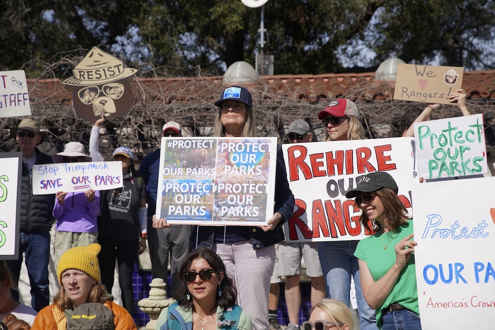 PHOTO: In this March 22, 2025, file photo, a protest is held at the visitor center of the Santa Monica Mountains National Recreation Area  in Calabasas, Calif., against budget cuts to the National Park Service by Elon Musk and President Donald Trump.