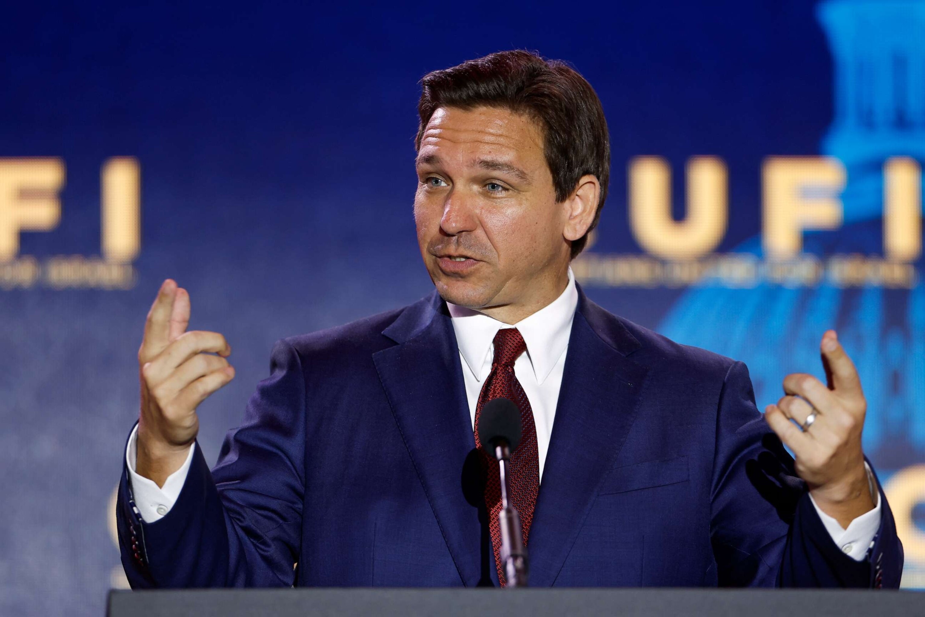 PHOTO: Republican presidential candidate Florida Governor Ron DeSantis delivers remarks at the 2023 Christians United for Israel summit on July 17, 2023 in Arlington, Va.