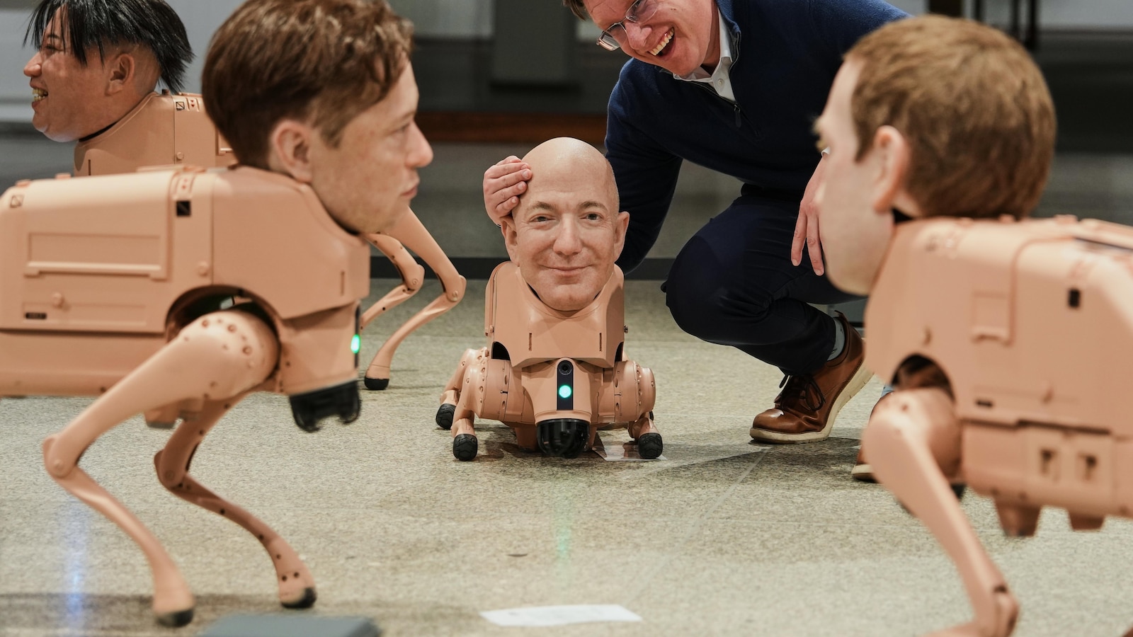 Robot dogs with Musk and Zuckerberg heads roam Berlin gallery in Beeple's new exhibit