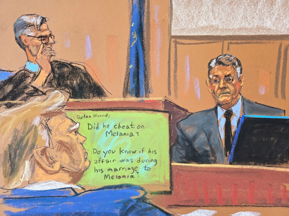 PHOTO: Lawyer Keith Davidson, who represented former Playboy model Karen McDougal, testifies during Trump's criminal trial, in Manhattan state court in New York, on April 30, 2024 in this courtroom sketch.