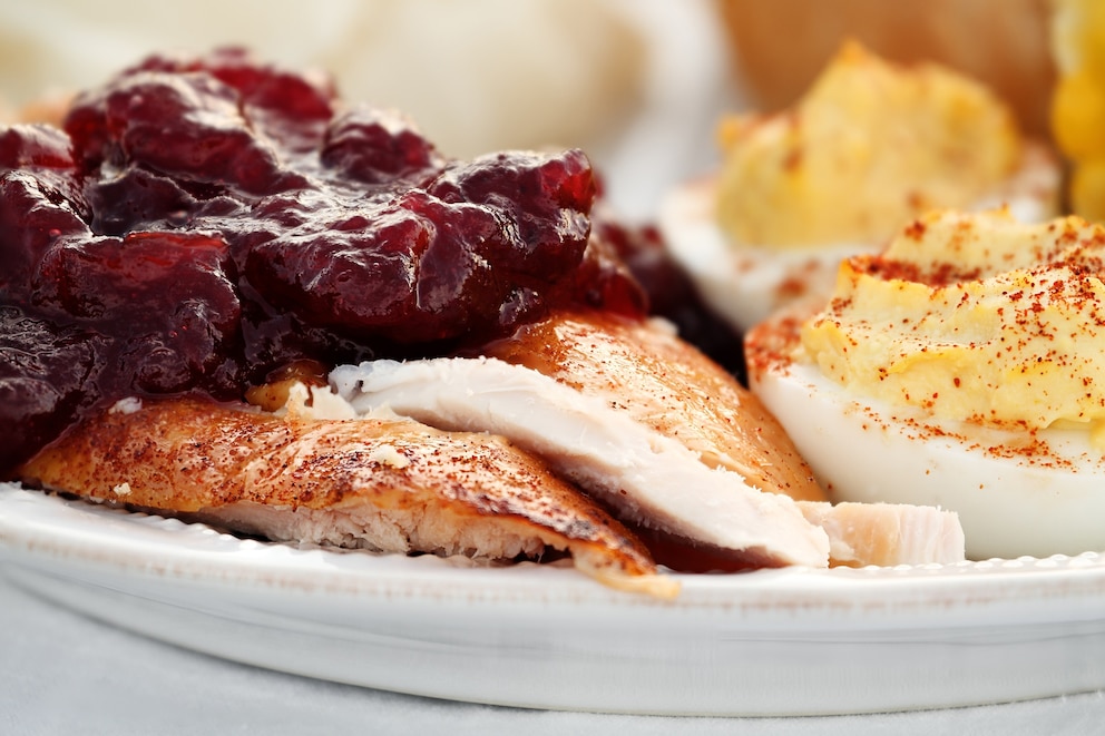PHOTO: Thanksgiving Turkey with Cranberry Sauce and deviled eggs
