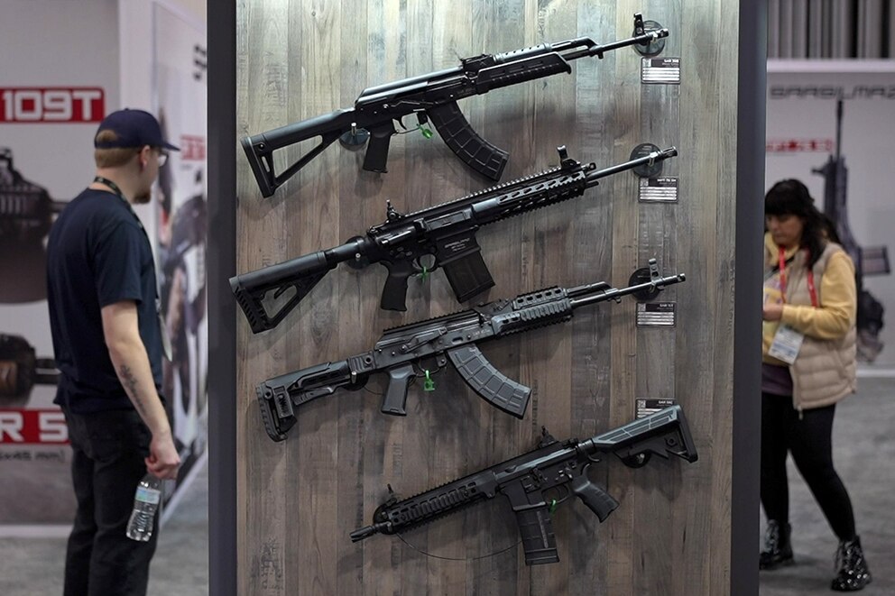 PHOTO: In this Jan. 25, 2024, file photo, weapons are on display at an annual trade show in Las Vegas.