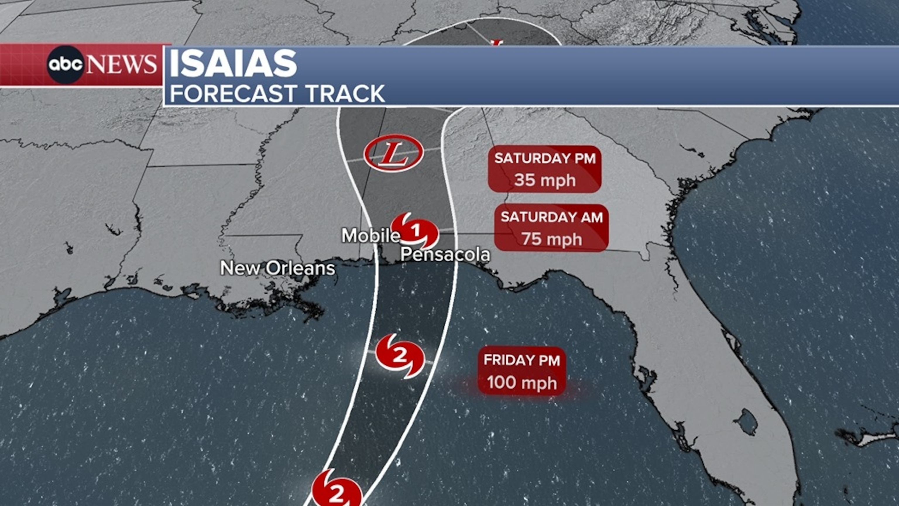 PHOTO: On the forecast track, Isaias is expected to pass to the north of the Yucatan Peninsula through this evening and make landfall along the U.S. northern Gulf Coast within the warning area late Friday or early Saturday.