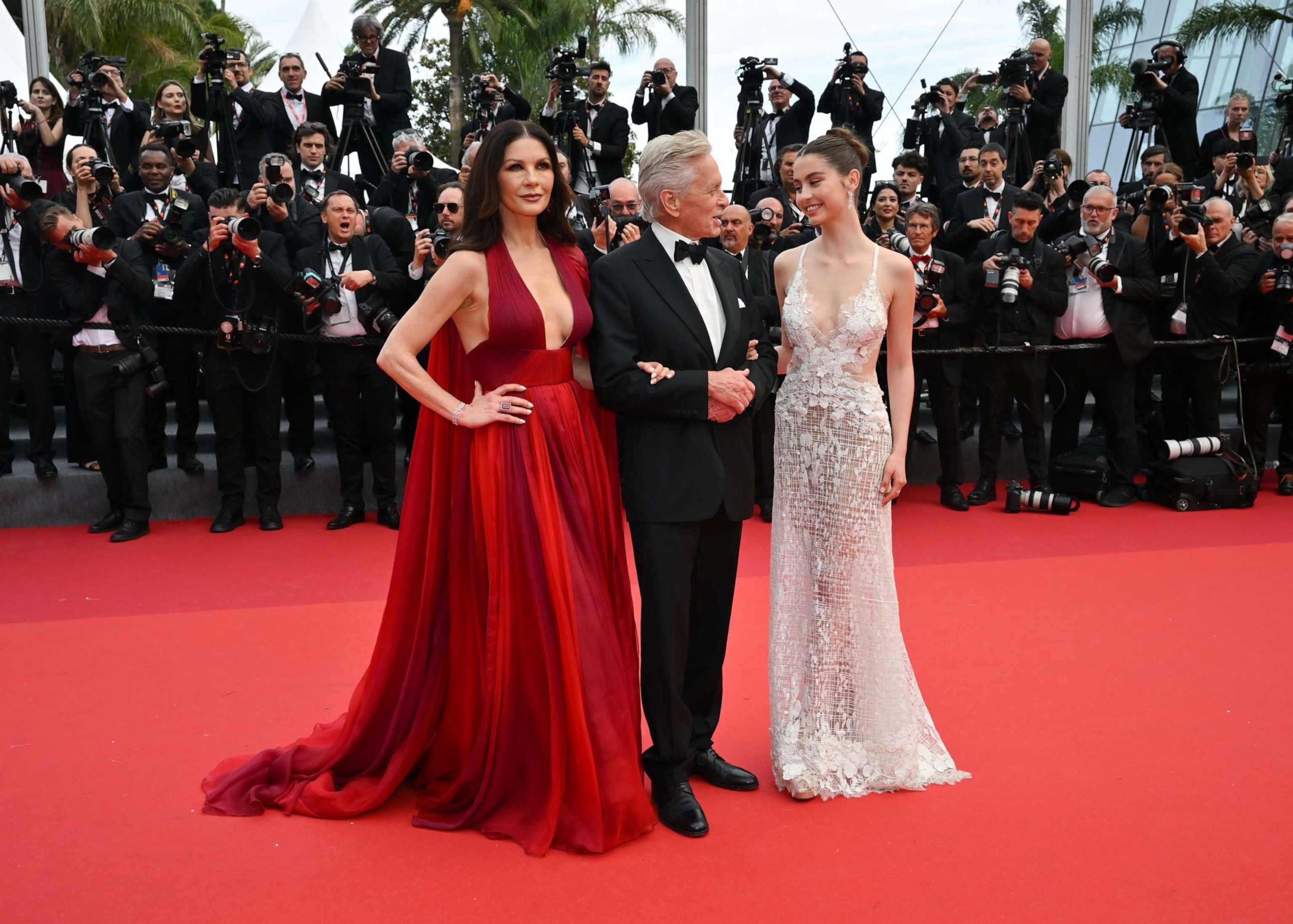 PHOTO: Carys Zeta Douglas, Michael Douglas and Catherine Zeta-Jones attend the "Jeanne du Barry" Screening & opening ceremony red carpet at the 76th annual Cannes Film Festival at Palais des Festivals, May 16, 2023, in Cannes, France.