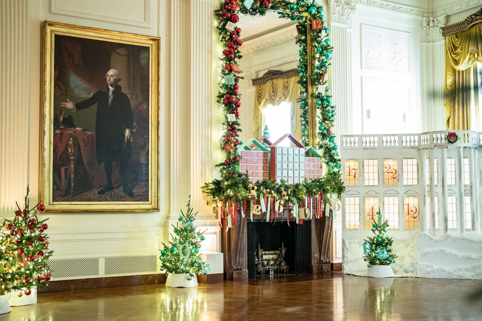 PHOTO: Holiday decor is seen in the East Room of the White House during a holiday media preview at the White House, Nov. 27, 2023. 