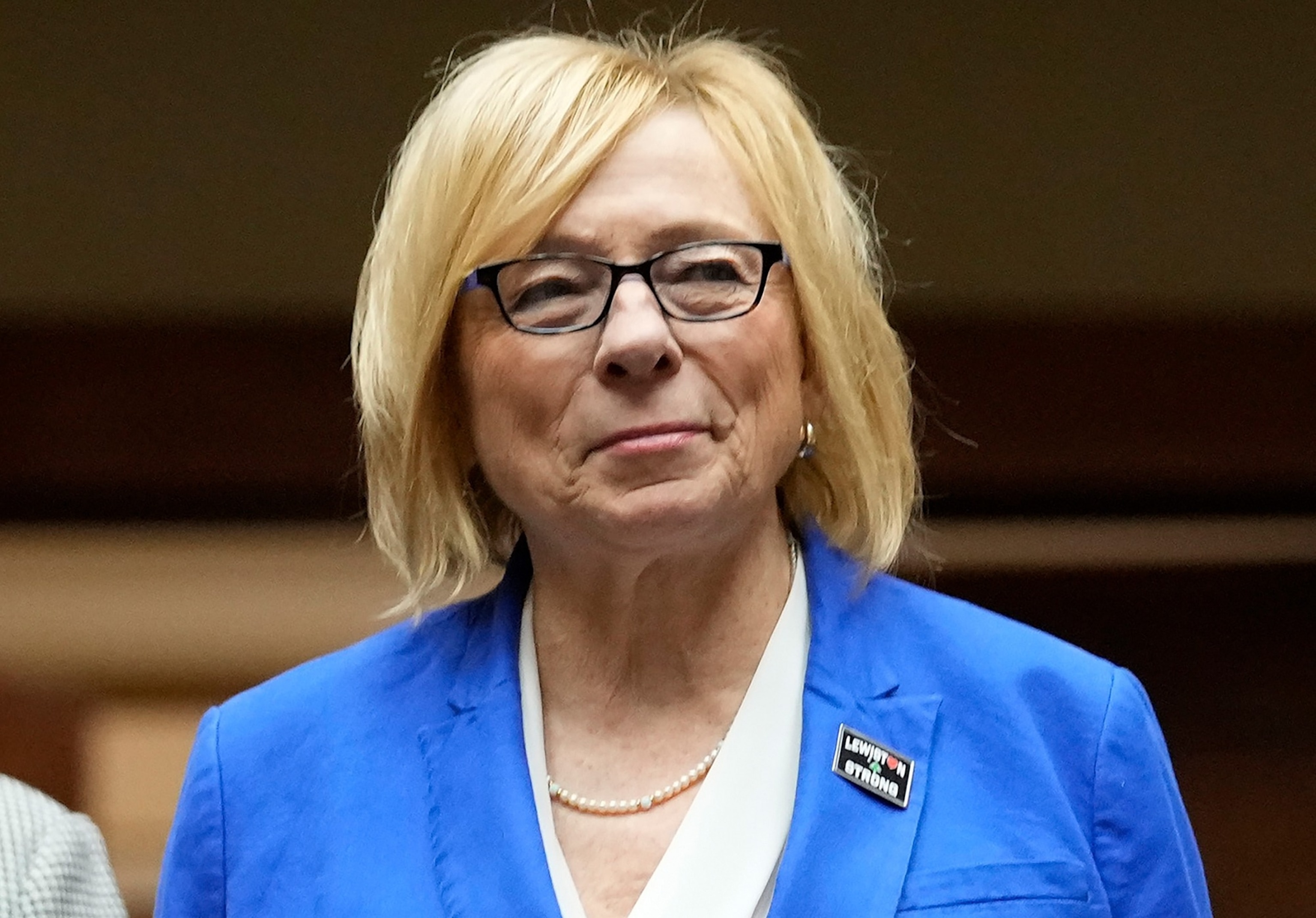 PHOTO: Democratic Gov. Janet Mills, right, arrives in the House Chamber with Chief Justice Valerie Stanfill, before delivering her State of the State address,  Jan. 30, 2024, at the State House in Augusta, Maine. 