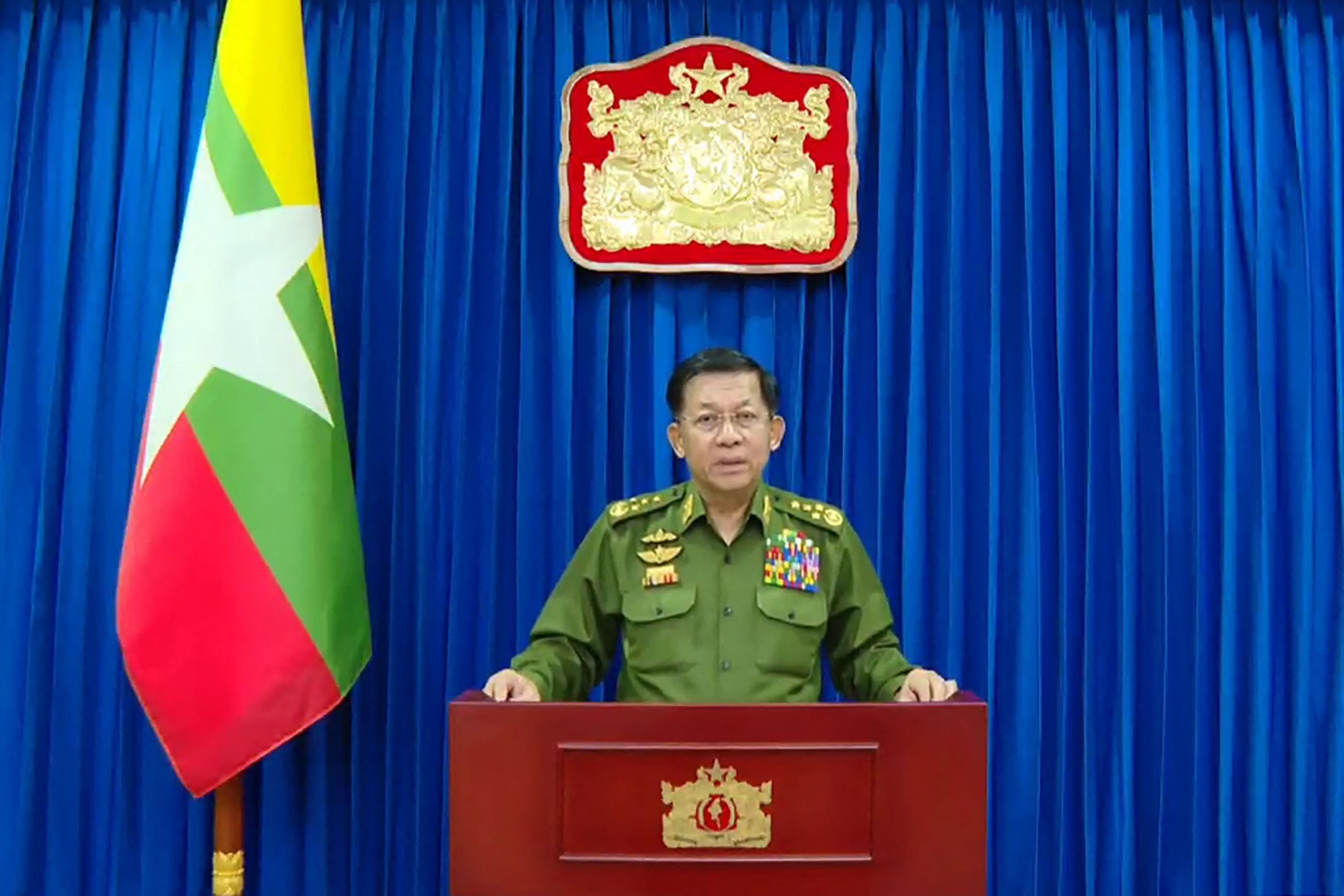 PHOTO: This frame grab taken from state-run Myanmar Radio and Television (MRTV) video footage released on March 28, 2025 shows Myanmar's military chief Min Aung Hlaing making a speech in Naypyidaw.