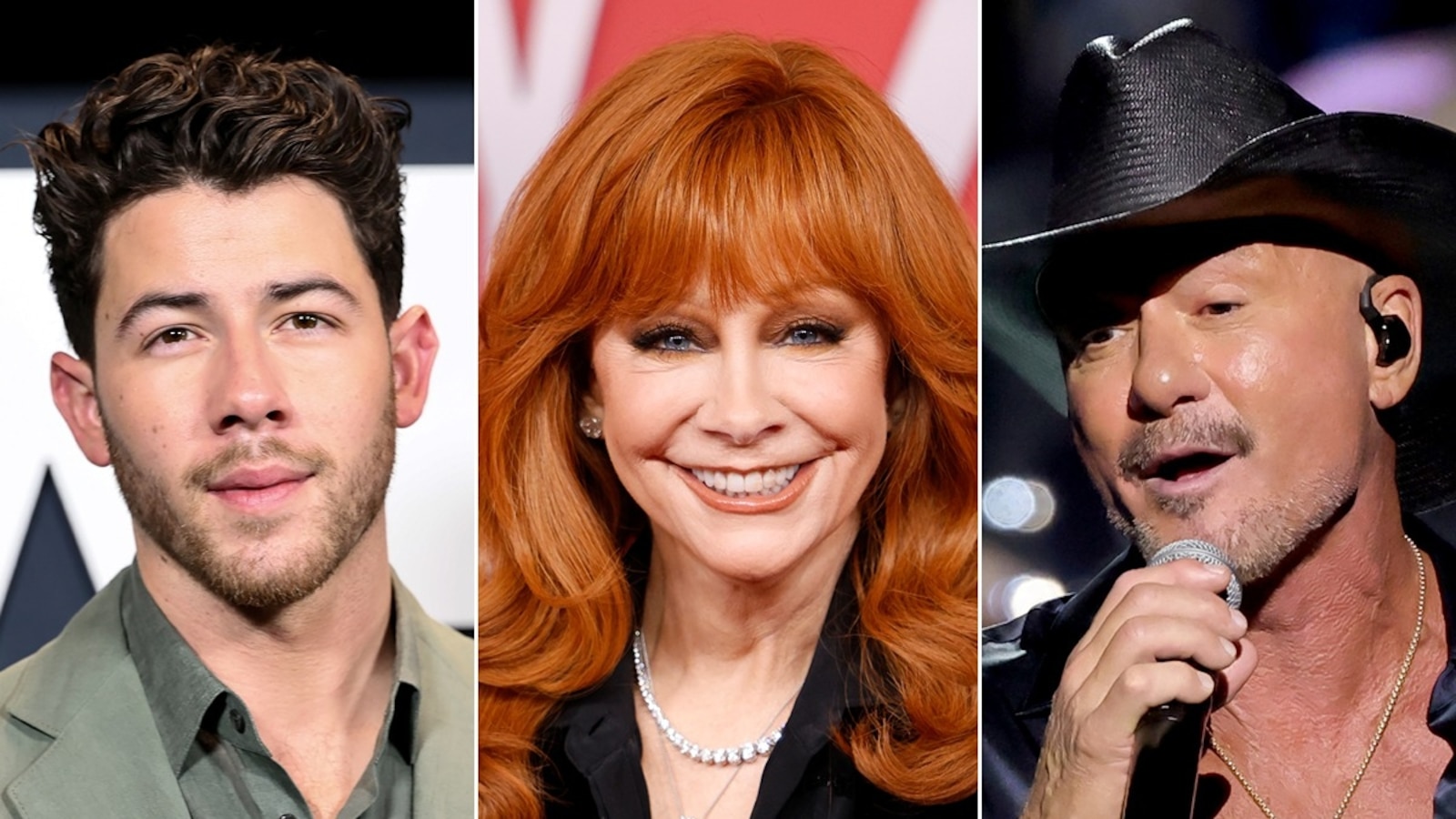 Nick Jonas attends the "Power Ballad" New York Screening, May 19, 2026, in New York. Reba McEntire attends the 60th Academy of Country Music Awards, May 8, 2025, in Frisco, Texas. Tim McGraw performs onstage during the 2025 iHeartRadio Music Festival, Sept. 20, 2025, in Las Vegas.