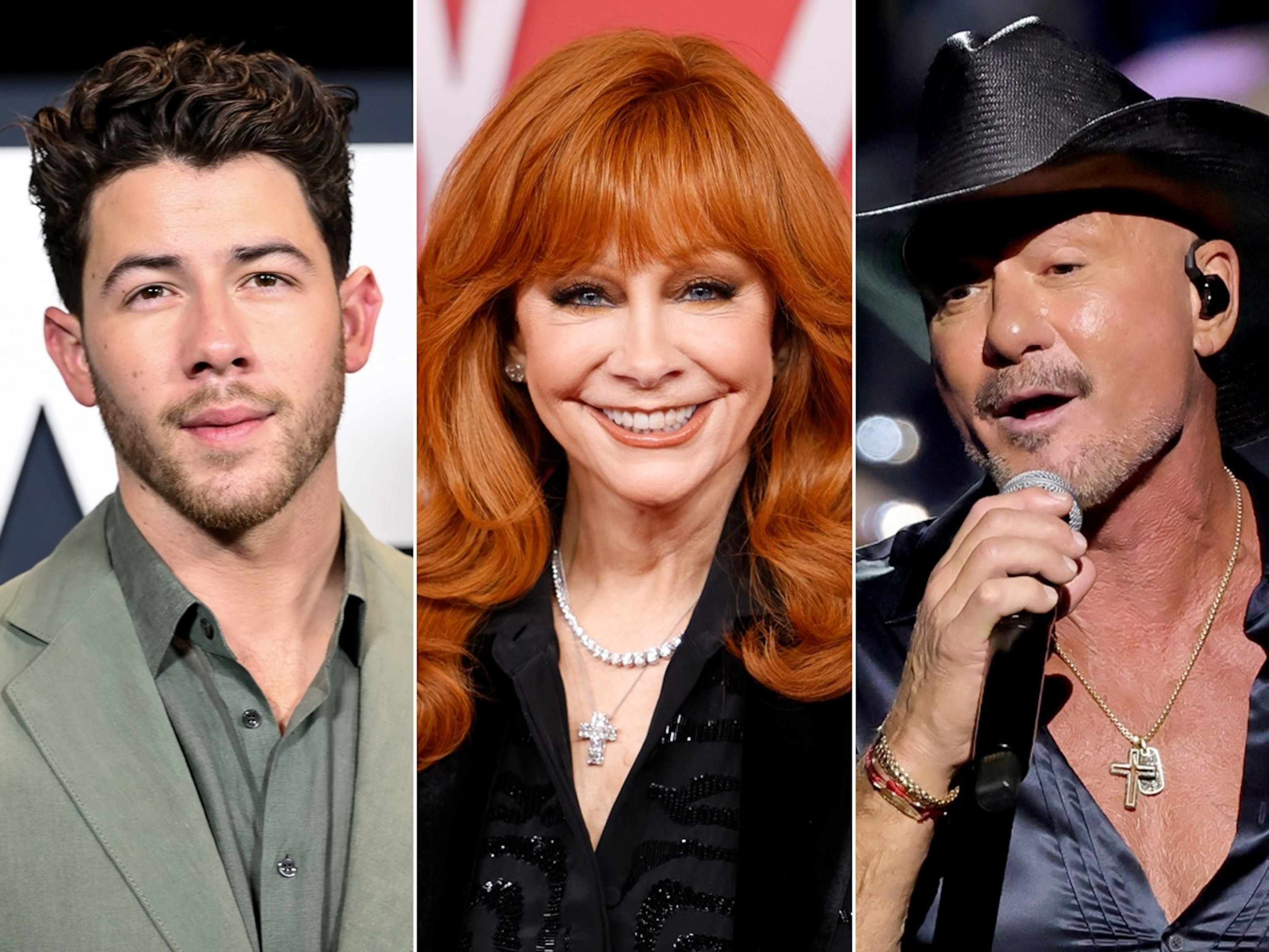 PHOTO: Nick Jonas attends the "Power Ballad" Screening, May 19, 2026, in New York. Reba McEntire attends the 60th Academy of Country Music Awards, May 8, 2025, in Frisco, Texas. Tim McGraw performs onstage, Sept. 20, 2025, in Las Vegas.