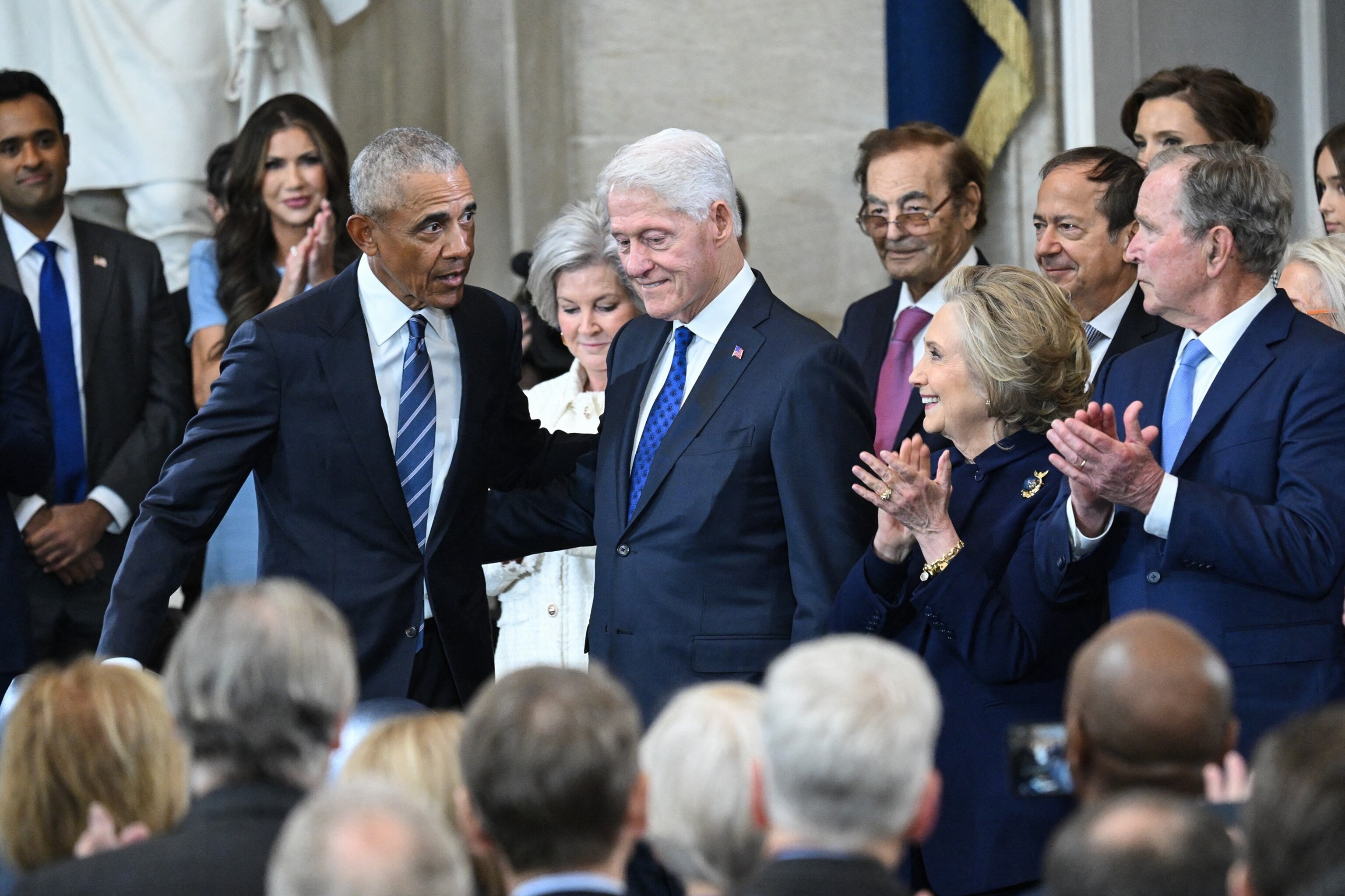 PHOTO:Former President Barack Obama arrives for the inauguration ceremony, alongside former President Bill Clinton, former Secretary of State Hillary Clinton, former President George W. Bush and former First Lady Laura Bush.