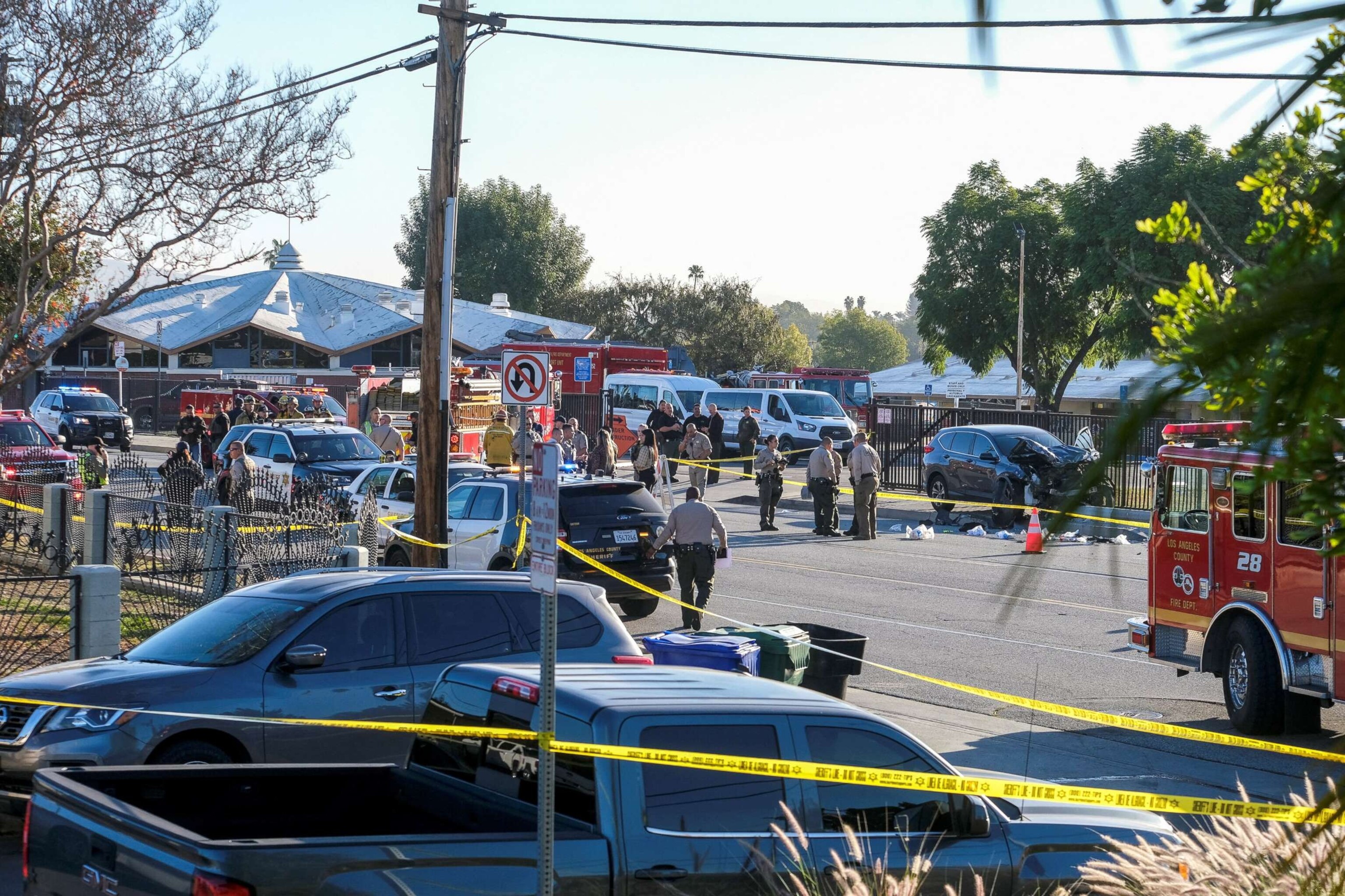 PHOTO: In this Nov. 16, 2022, file photo, law enforcement investigate the scene after multiple Los Angeles County Sheriff's Department recruits were injured when a car crashed into them while they were out for a run in Whittier, Calif.