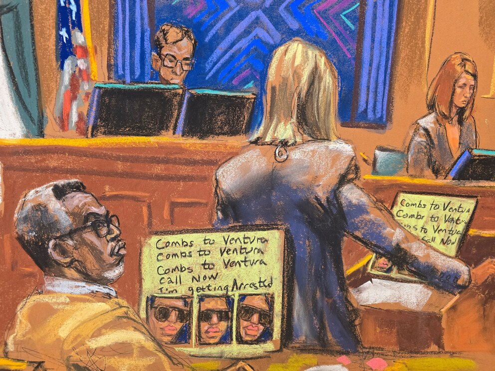 PHOTO: Assistant Attorney Emily Johnson displays text messages between Sean "Diddy" Combs and Casandra "Cassie" Ventura as she questions Special Agent DeLeassa Penland during Combs' sex trafficking trial in New York City, June 17, 2025.