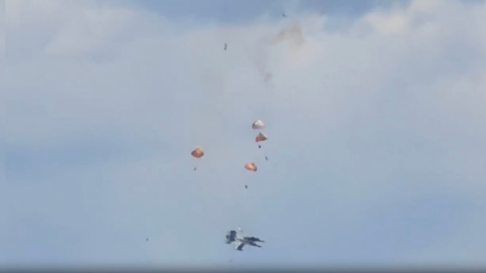PHOTO: A bystander video captured the midair collision, May 17, 2026, of two U.S. Navy jets performing at an airshow outside of Boise, Idaho. A Navy spokesperson said the four crew members evacuated and were being medically evaluated.