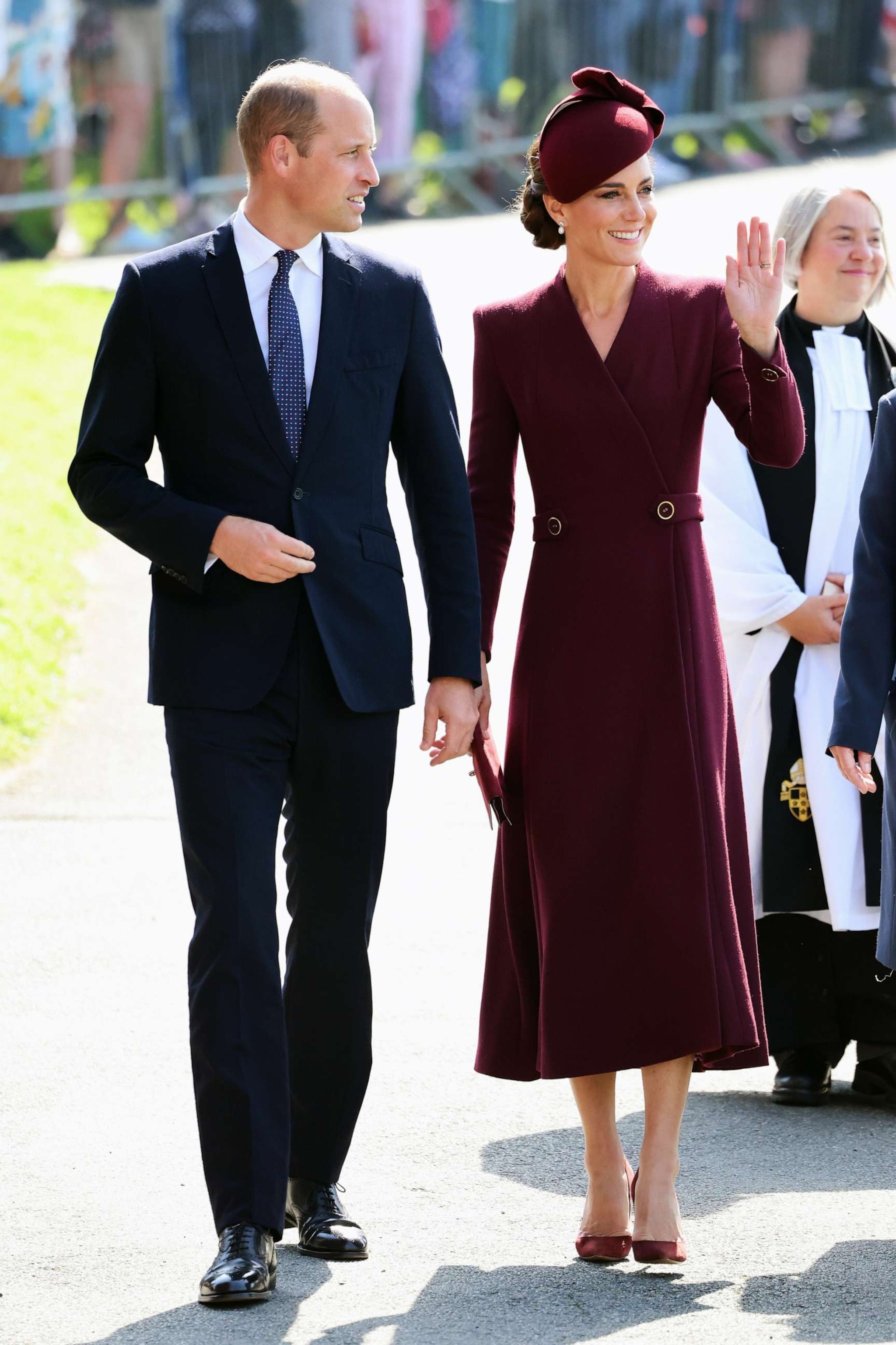 PHOTO: Prince William, Prince of Wales and Catherine, Princess of Wales arrive at St Davids Cathedral to commemorate the life of Her Late Majesty Queen Elizabeth II on the first anniversary of her passing on Sept. 8, 2023 in St Davids, Wales.