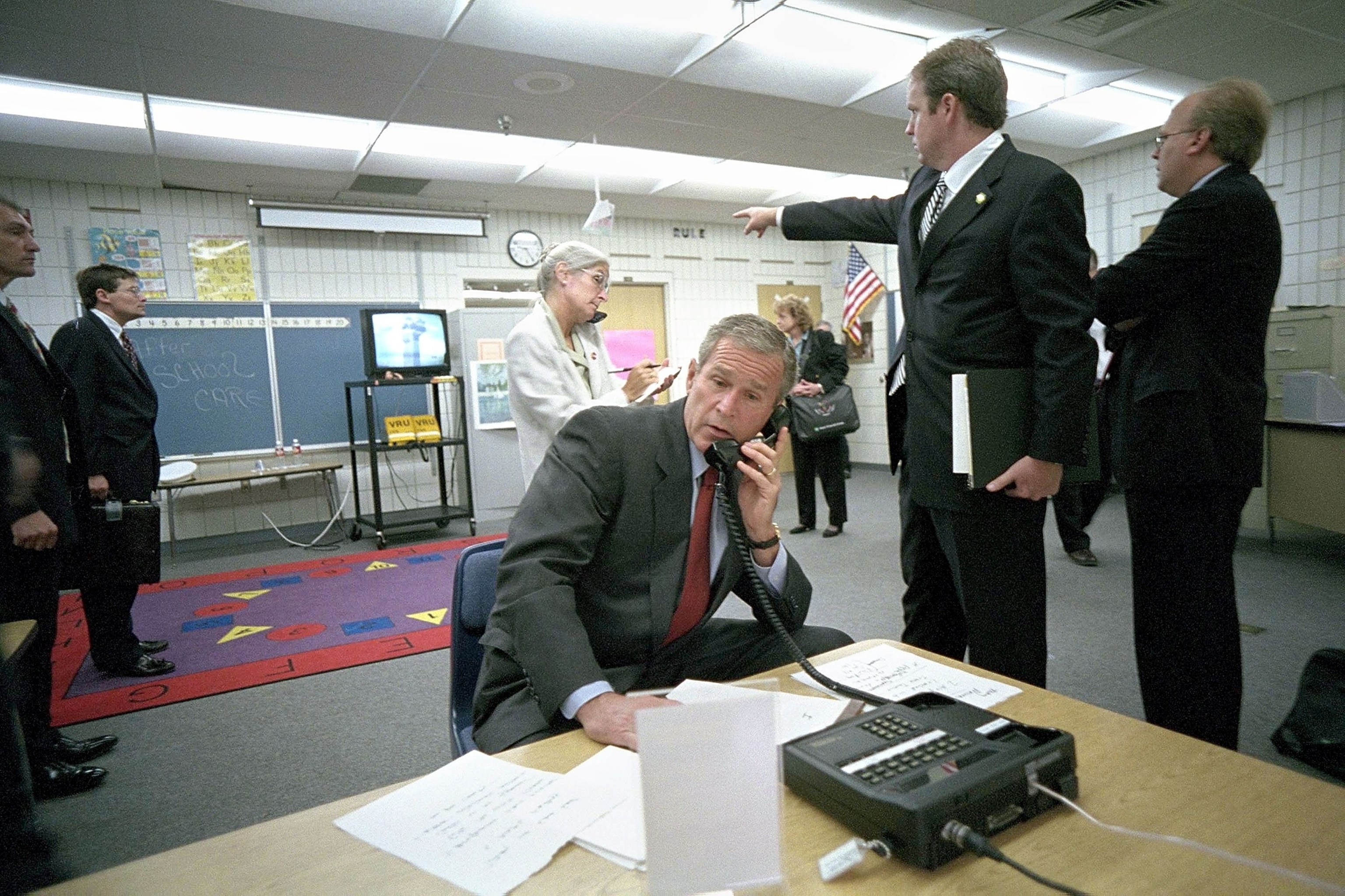 PHOTO: President George W. Bush makes a telephone call from Emma Booker Elementary School ,September 11, 2001 in Sarasota, Florida. PHOTO: President George W. Bush makes a telephone call from Emma Booker Elementary School ,September 11, 2001 in Sarasota, Florida.