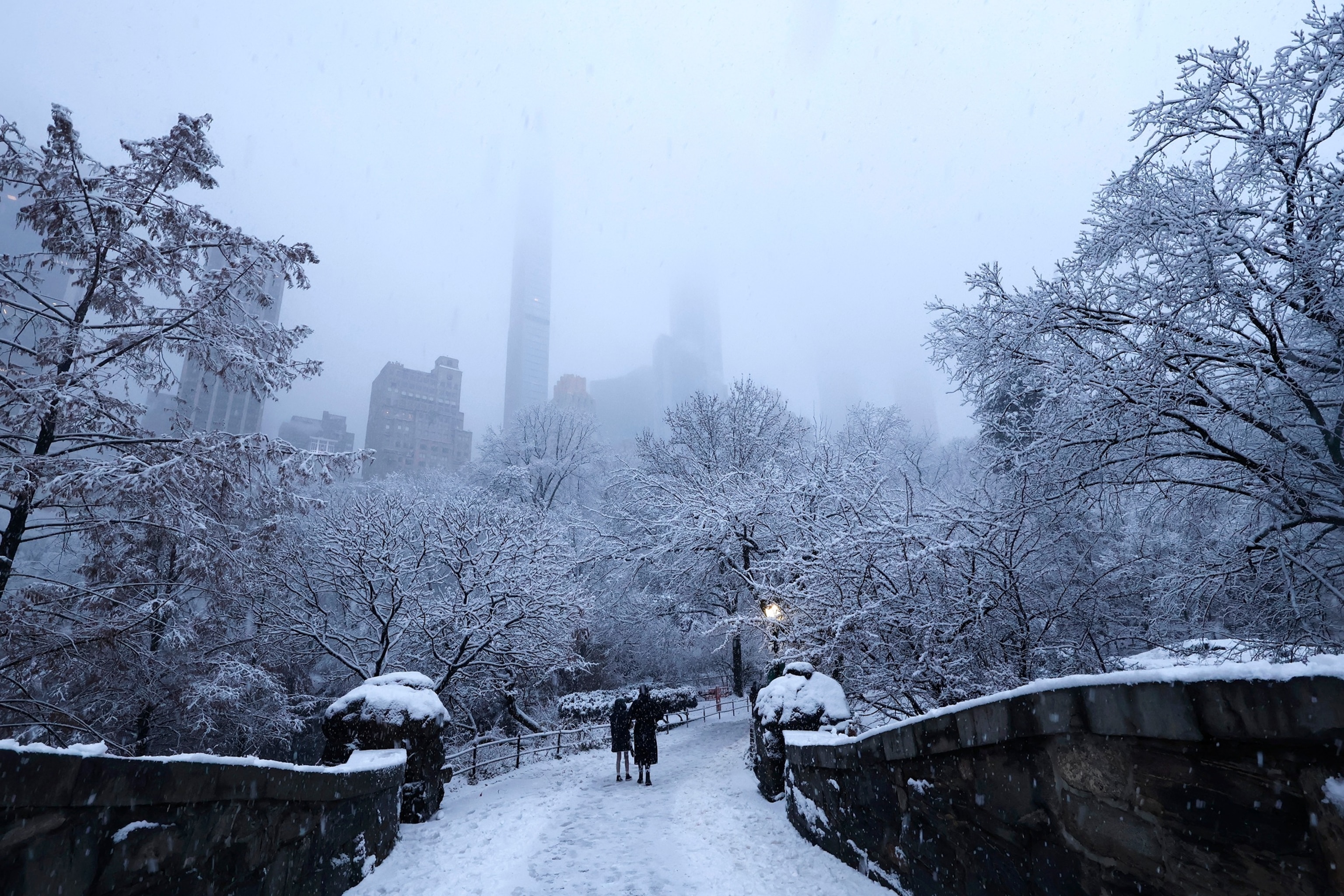Pessoas caminhando no Central Park durante queda de neve