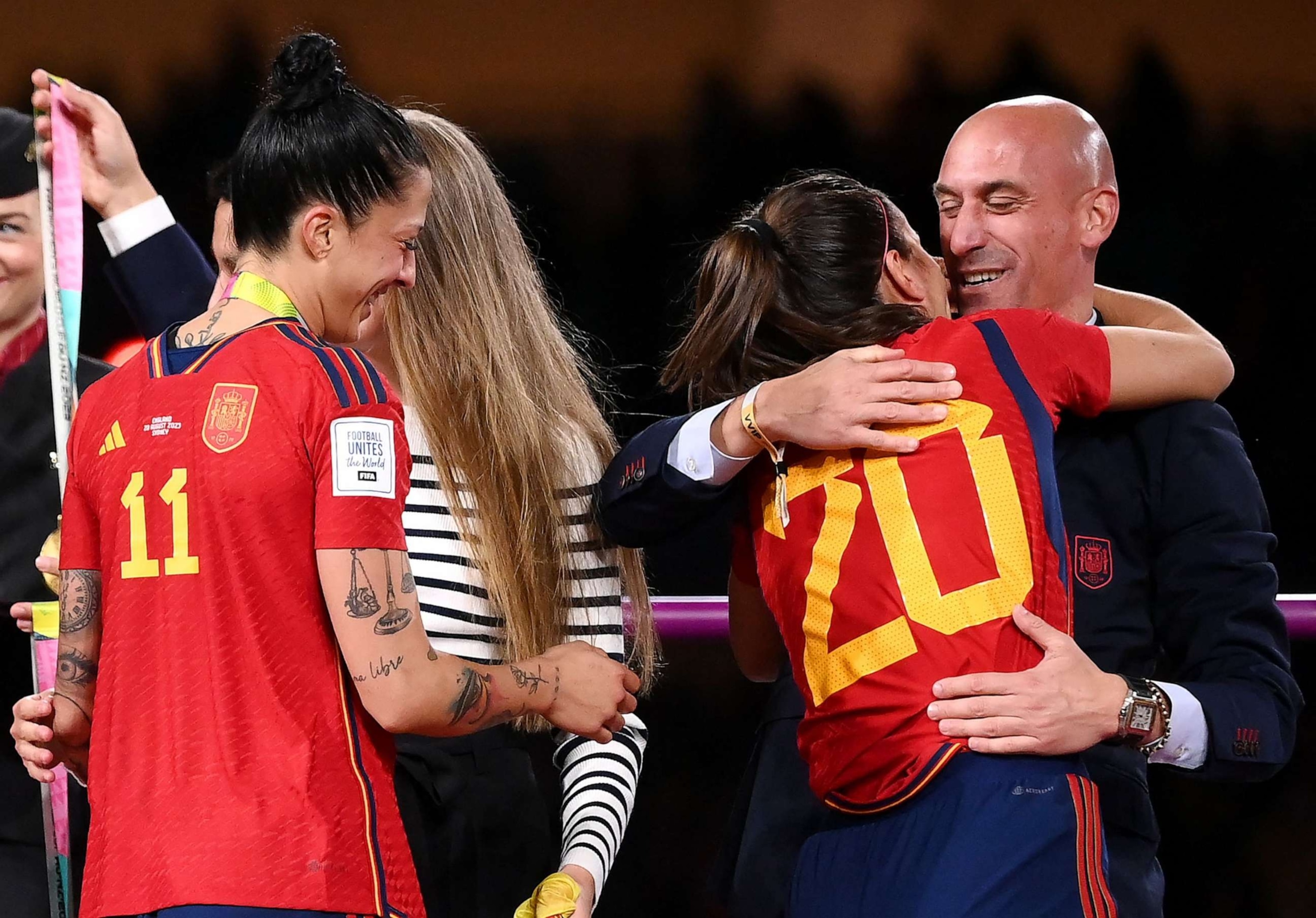 PHOTO: Spain's defender #20 Galvez is congratuled by President of the Royal Spanish Football Federation Rubiales (R) after winning the Australia and New Zealand 2023 Women's World Cup final football match at Stadium Australia in Sydney on Aug. 20, 2023.