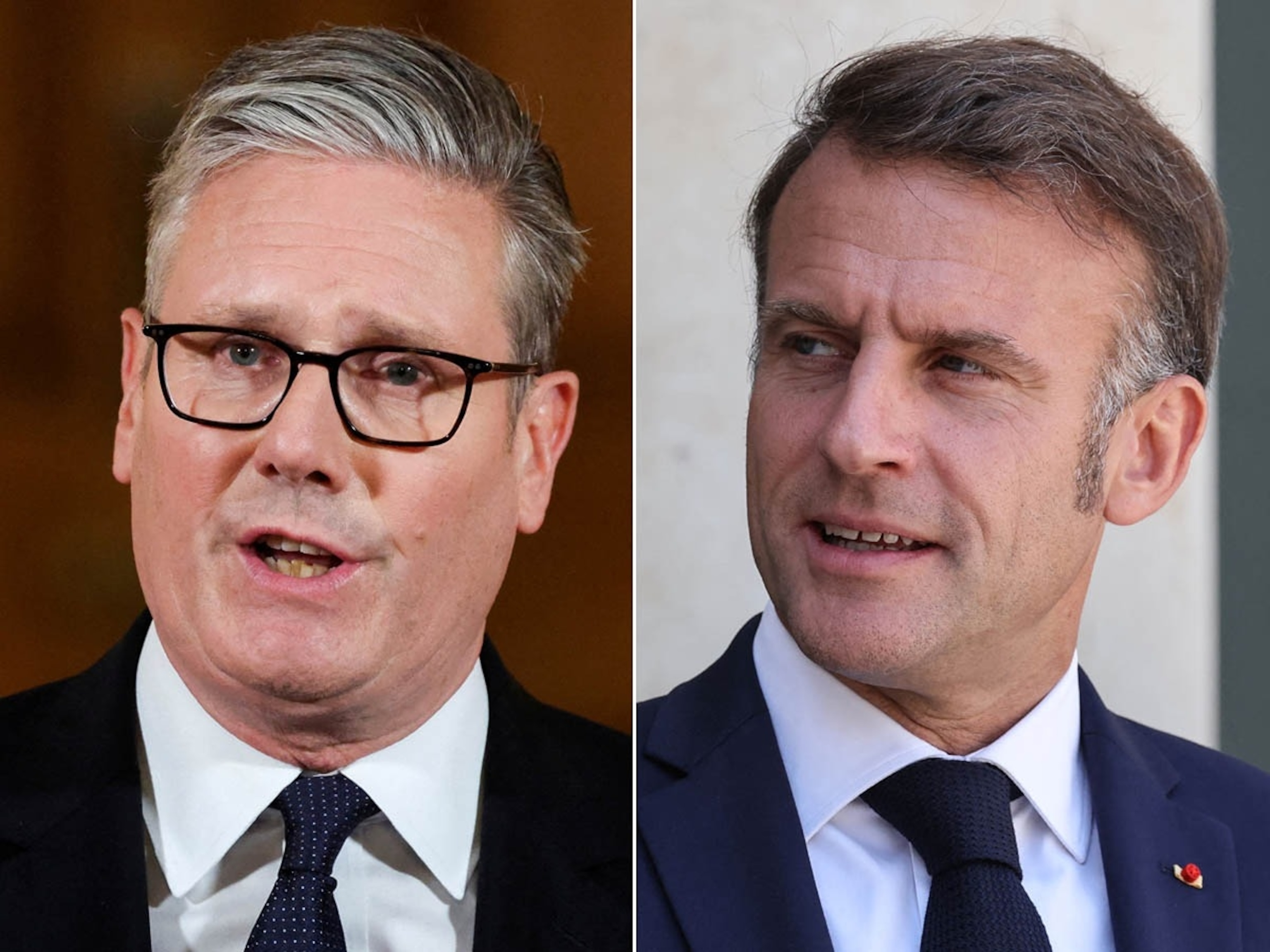 PHOTO: Britain's Prime Minister Keir Starmer delivers a statement in London, July 29, 2025. France's President Emmanuel Macron in Paris, July 18, 2025. 