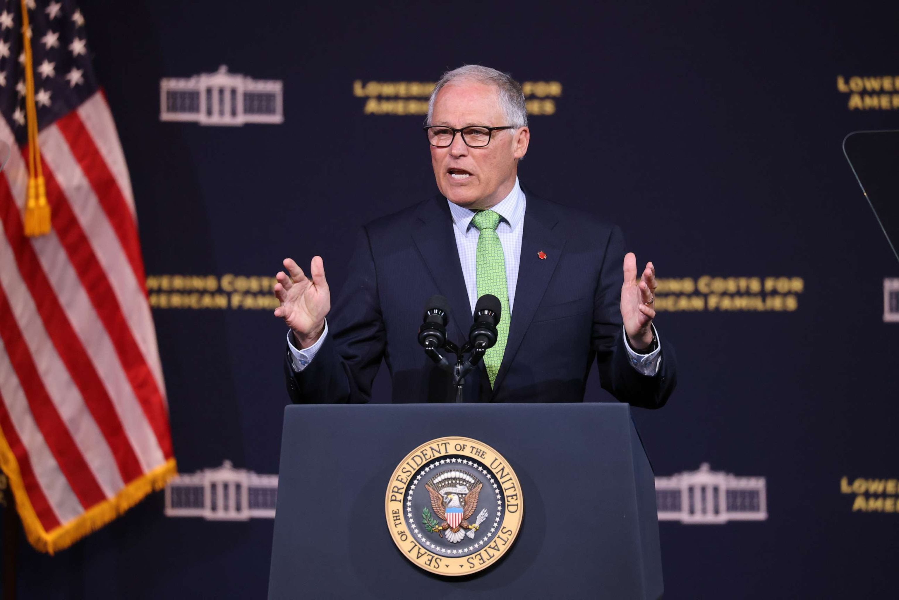 PHOTO: In this April 22, 2022, file photo, Washington state Governor Jay Inslee speaks prior to President Joe Biden at Green River College in Auburn, Wash.