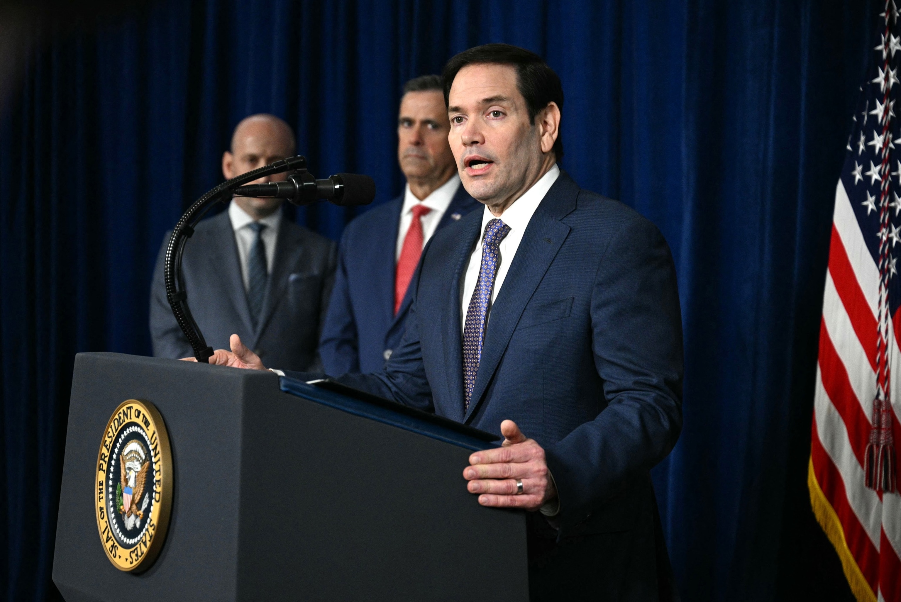 PHOTO: Secretary of State Marco Rubio speaks to the press, following US military actions in Venezuela, at Mar-a-Lago in Palm Beach, Florida, on Jan. 3, 2026. 
