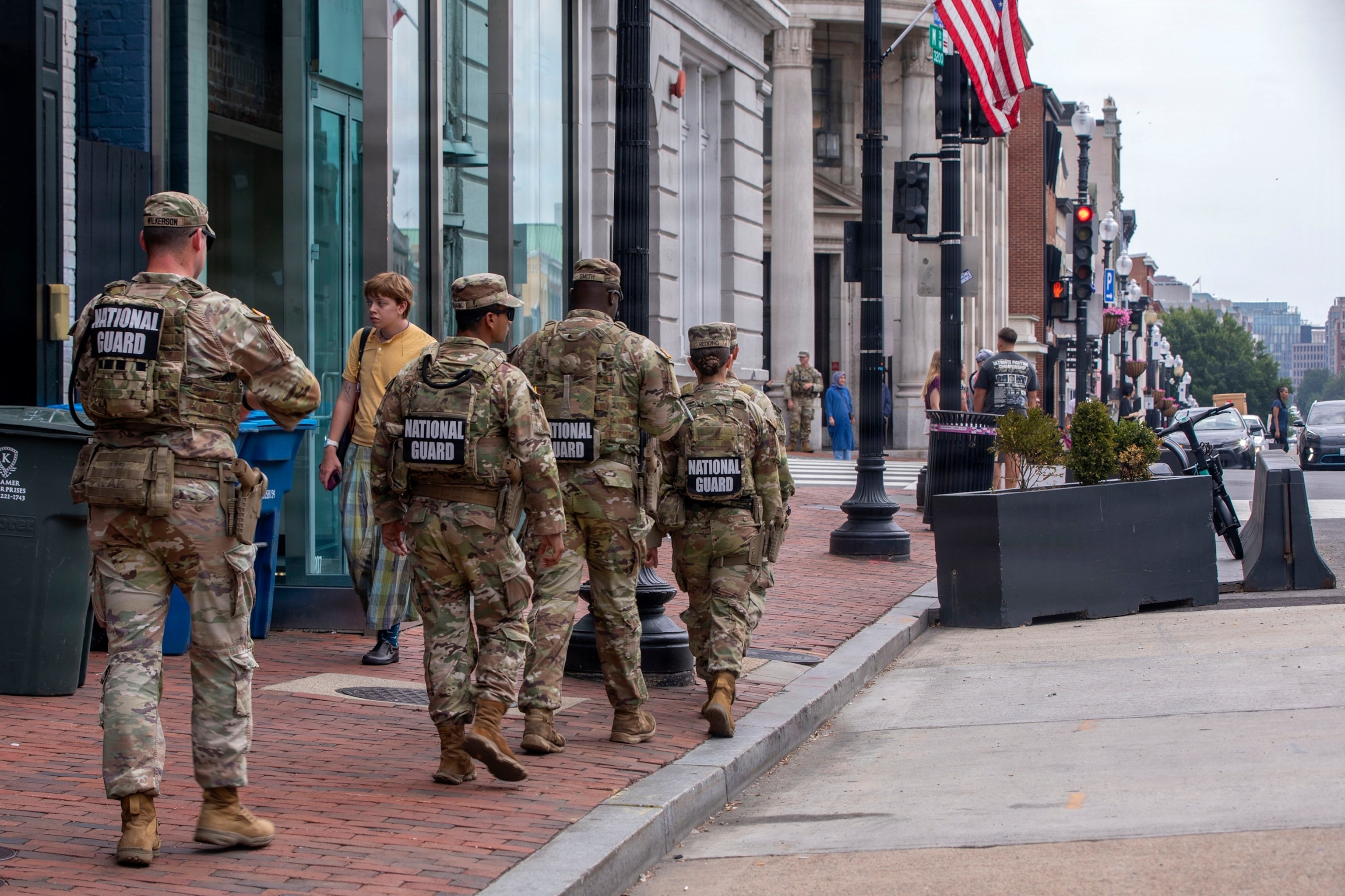PHOTO: U.S. Army Soldiers with the Georgia National Guard, assigned to Joint Task Force District of Columbia, patrol areas around the heart of Georgetown in support of the DC Safe and Beautiful mission, July 20, 2026, in Washington, D.C. 