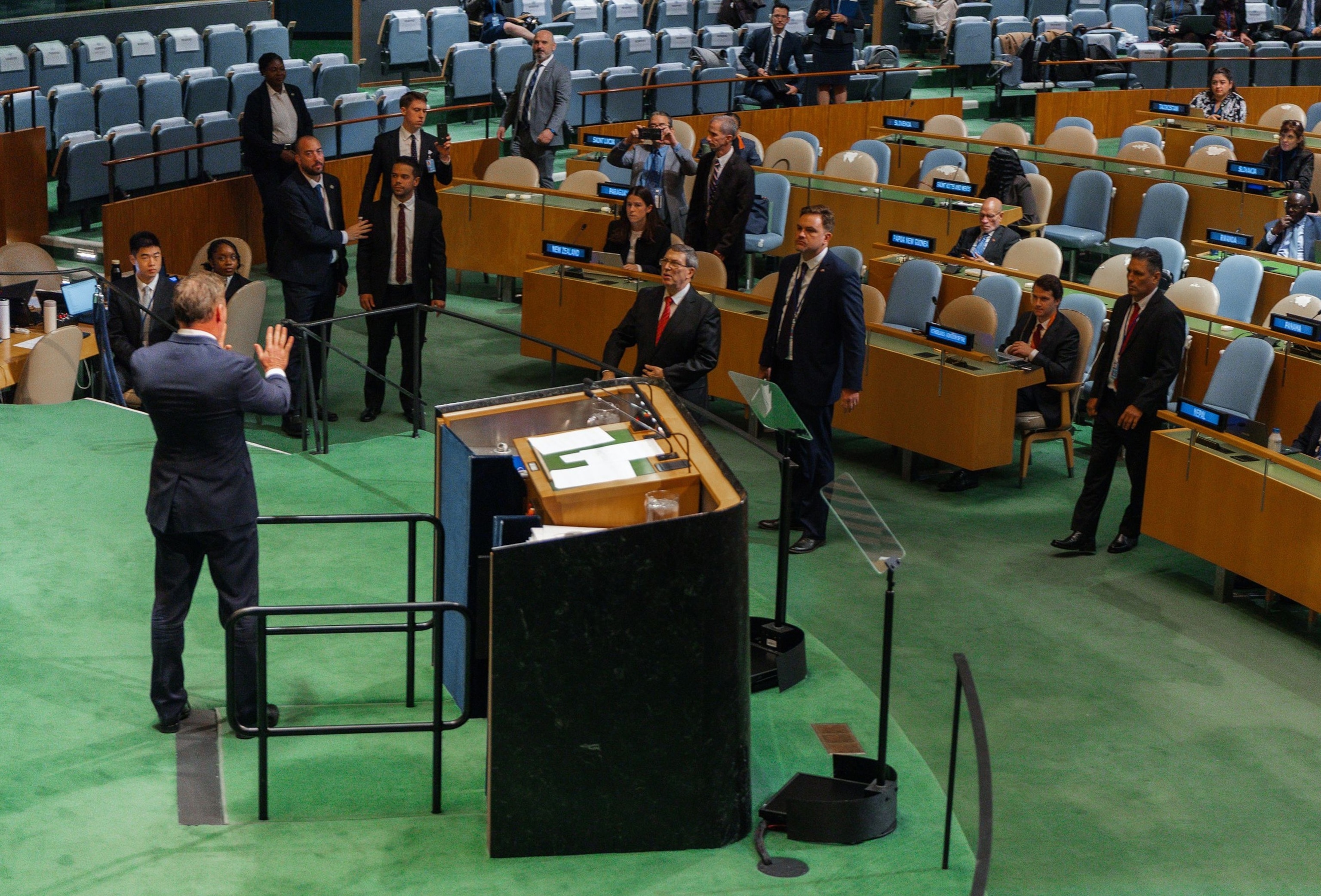 PHOTO: Cuba's Minister of Foreign Affairs Bruno Eduardo Rodriguez Parrilla shouts toward US Permanent Representative to the United Nations Michael Waltz during the annual debate on the US economic embargo on Cuba at the UN in New York, October 27, 2026. 