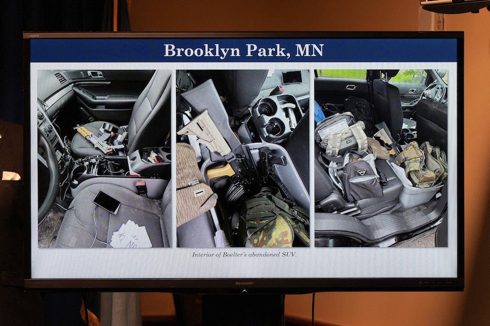 PHOTO: Images of weapons found in a vehicle associated to Vance Boelter are displayed at a press conference in Minneapolis, June 16, 2025.