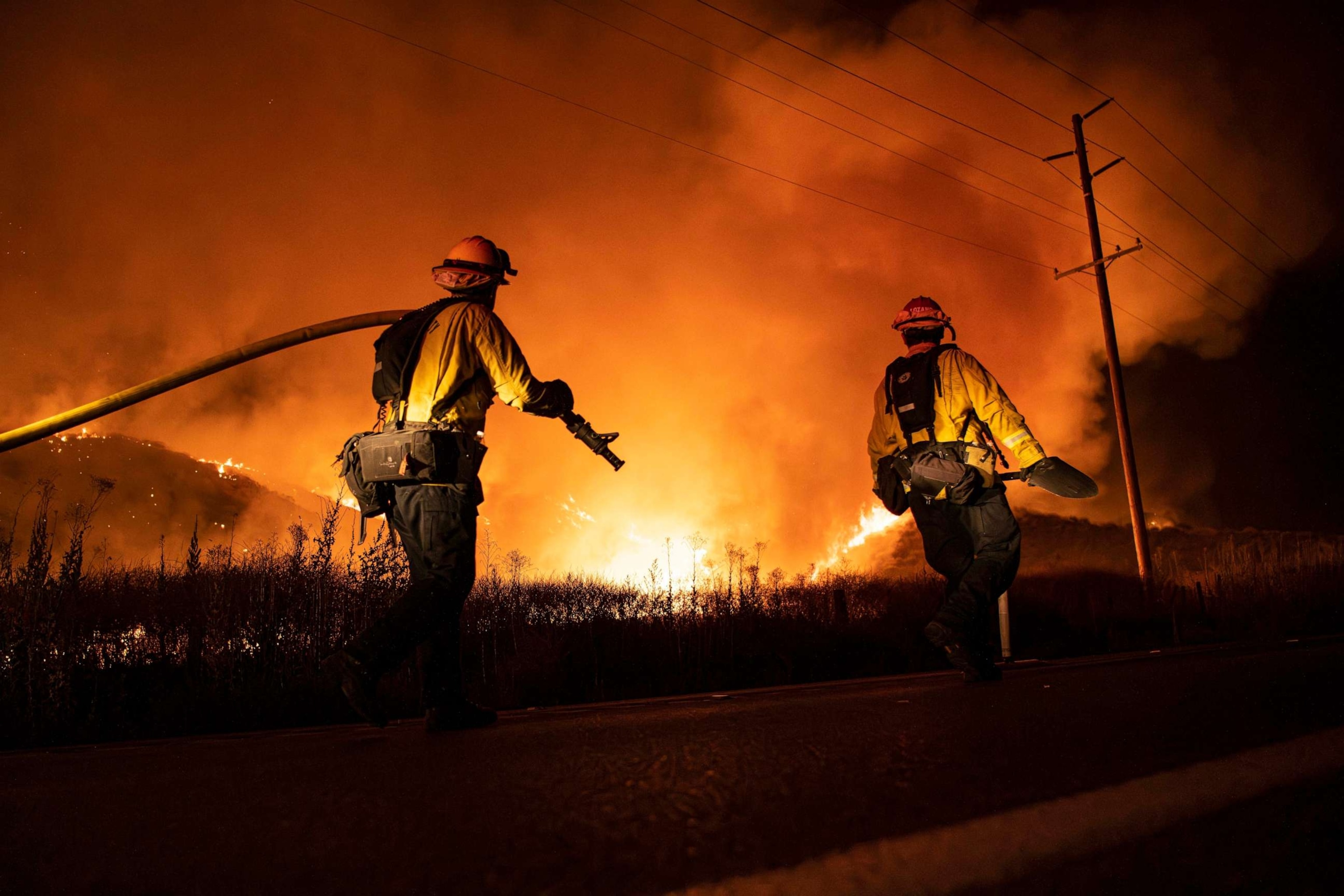 PHOTO: CalFire Fighter fighters in action. California Firefighters (CalFire) take on the Rabbit Fire that is currently taking over Moreno Valley, California, July 14, 2023.