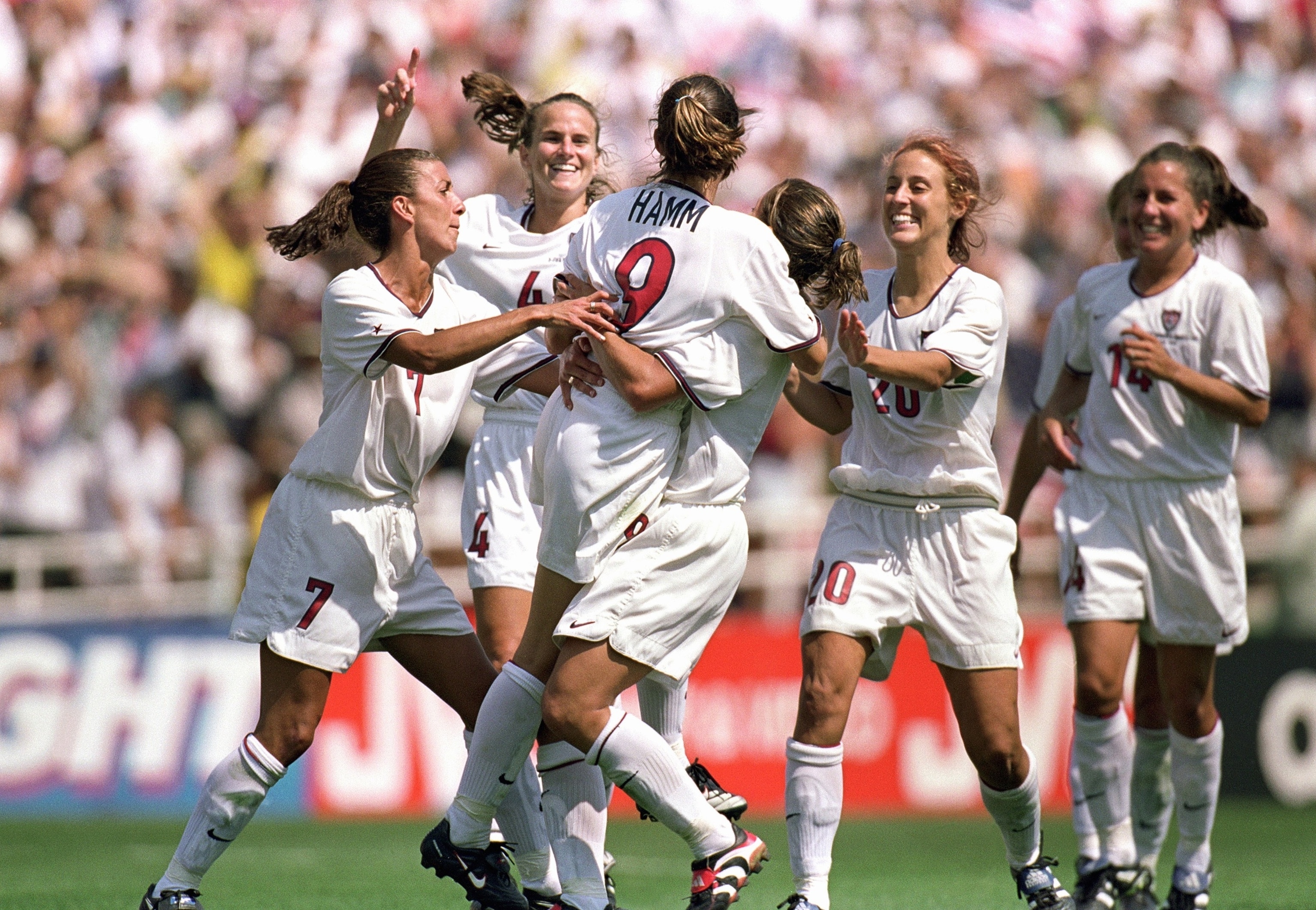 PHOTO: In this July 10, 1999, file photo, Mia Hamm #9 of Team USA is embraced by Shannon MacMillan #8 as teammates celebrate the victory over Team China in the Final match of the FIFA Women's World Cup at the Rose Bowl in Pasadena, Calif. 