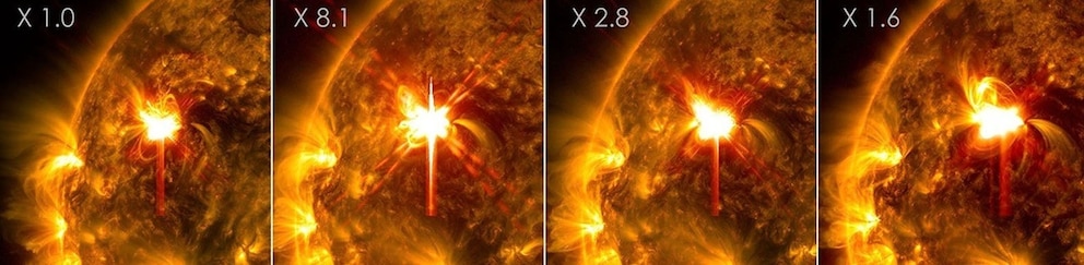 PHOTO: NASA’s Solar Dynamics Observatory captured these images of the solar flares — seen as the bright flashes in the center of the images — on Feb. 1 and Feb. 2, 2026.