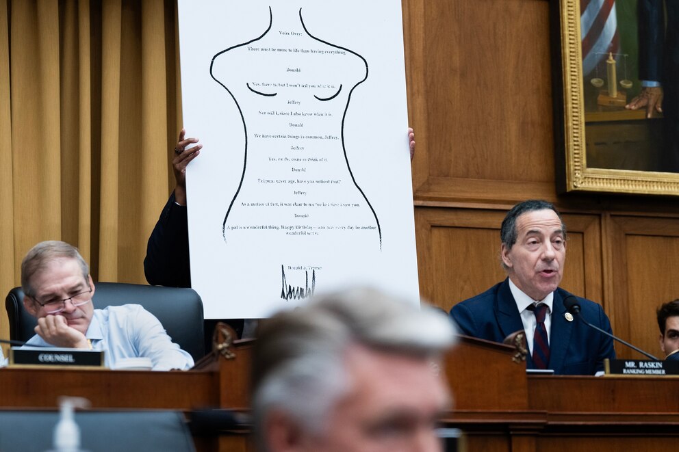 PHOTO: In this Sept. 17, 2025, file photo ,Rep. Jamie Raskin references an alleged drawing by Donald Trump made for Jeffrey Epstein's 50th birthday, during a House Judiciary Committee hearing.