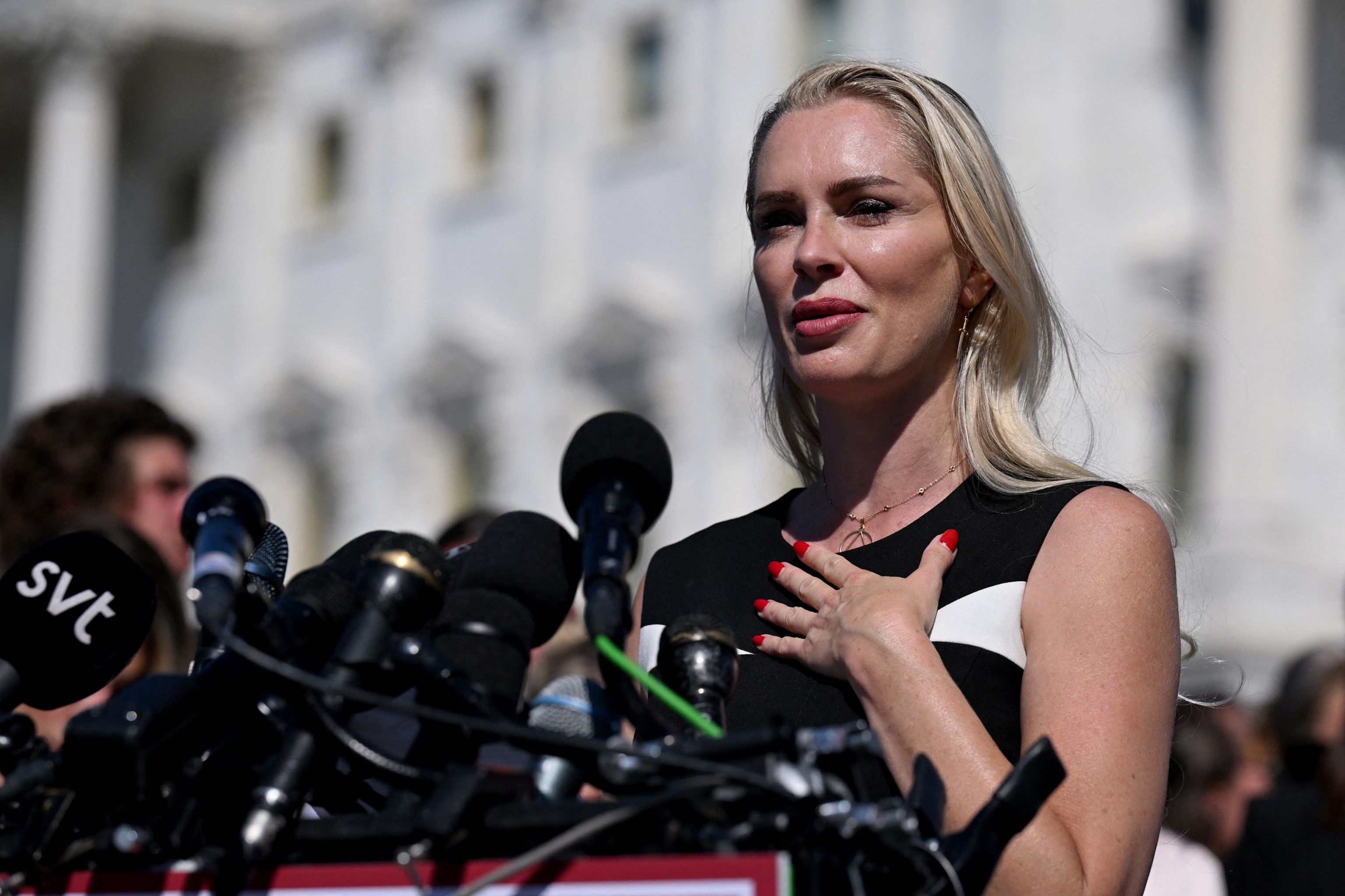 PHOTO: Anouska De Georgiou, who testified about sexual abuse in the Jeffrey Epstein case, speaks during a press conference and rally in support of the victims of Epstein outside the Capitol in Washington, Sept. 3, 2025.
