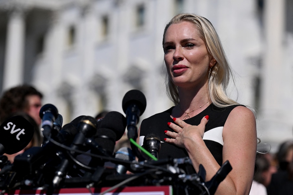 PHOTO: Anouska De Georgiou, who testified about sexual abuse in the Jeffrey Epstein case, speaks during a press conference and rally in support of the victims of Epstein outside the Capitol in Washington, Sept. 3, 2025.