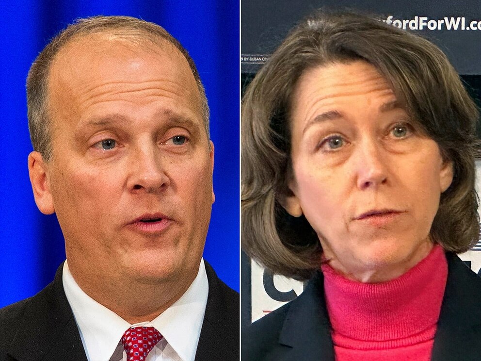 PHOTO: Wisconsin Attorney General Brad Schimel speaks during his inauguration ceremony at the Capitol in Madison, Wis., Jan. 5, 2015.  Wisconsin Supreme Court candidate Susan Crawford takes questions at a news conference, Feb. 25, 2025, in Madison, Wis.