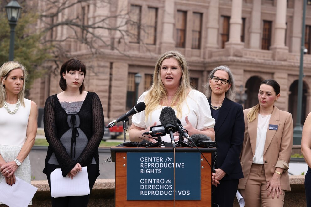 PHOTO: In this March 7, 2023, file photo, plaintiffs are shown at the Texas State Capitol after filing a lawsuit on behalf of Texans harmed by the state's abortion ban, in Austin, Texas.