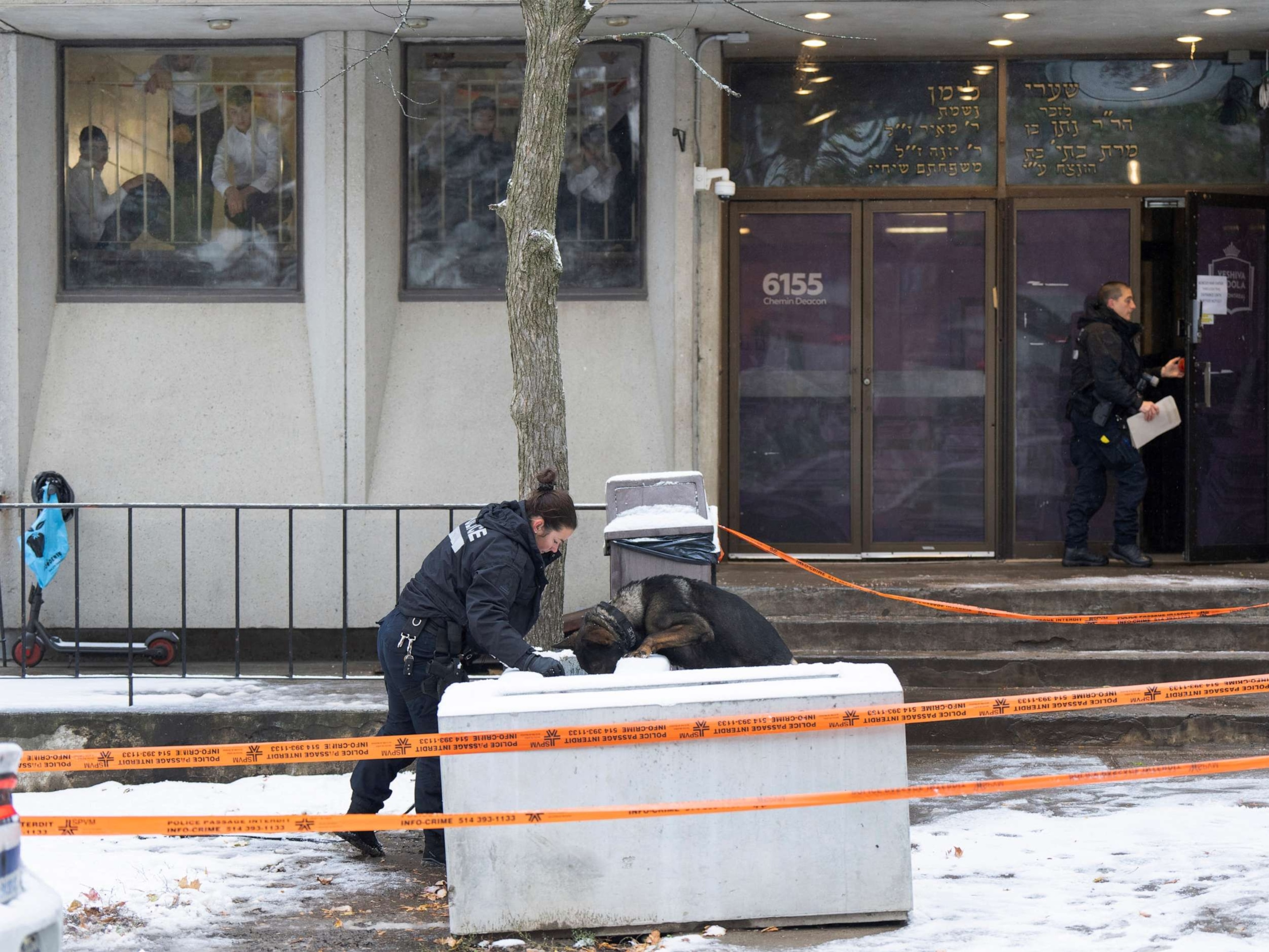 PHOTO: Police investigate the Yeshiva Gedolah school for clues after shots were fired, Nov. 9, 2023 in Montreal, Canada.