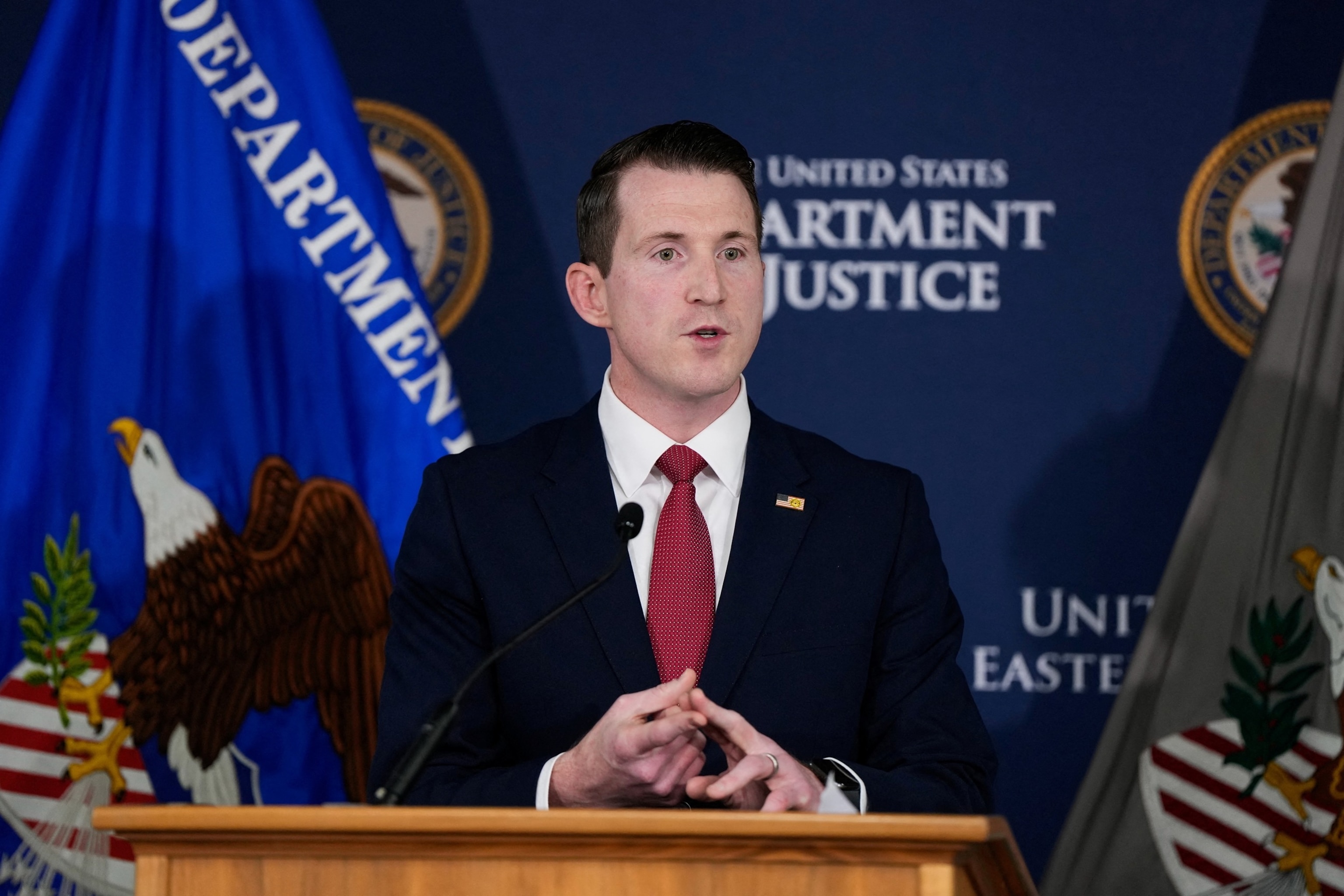 PHOTO: Assistant Attorney General Colin M. McDonald of the Justice Department's National Fraud Enforcement Division speaks during a press conference at the Eastern District of Virginia US Attorney's Office in Alexandria, Va., Oct. 29, 2026.