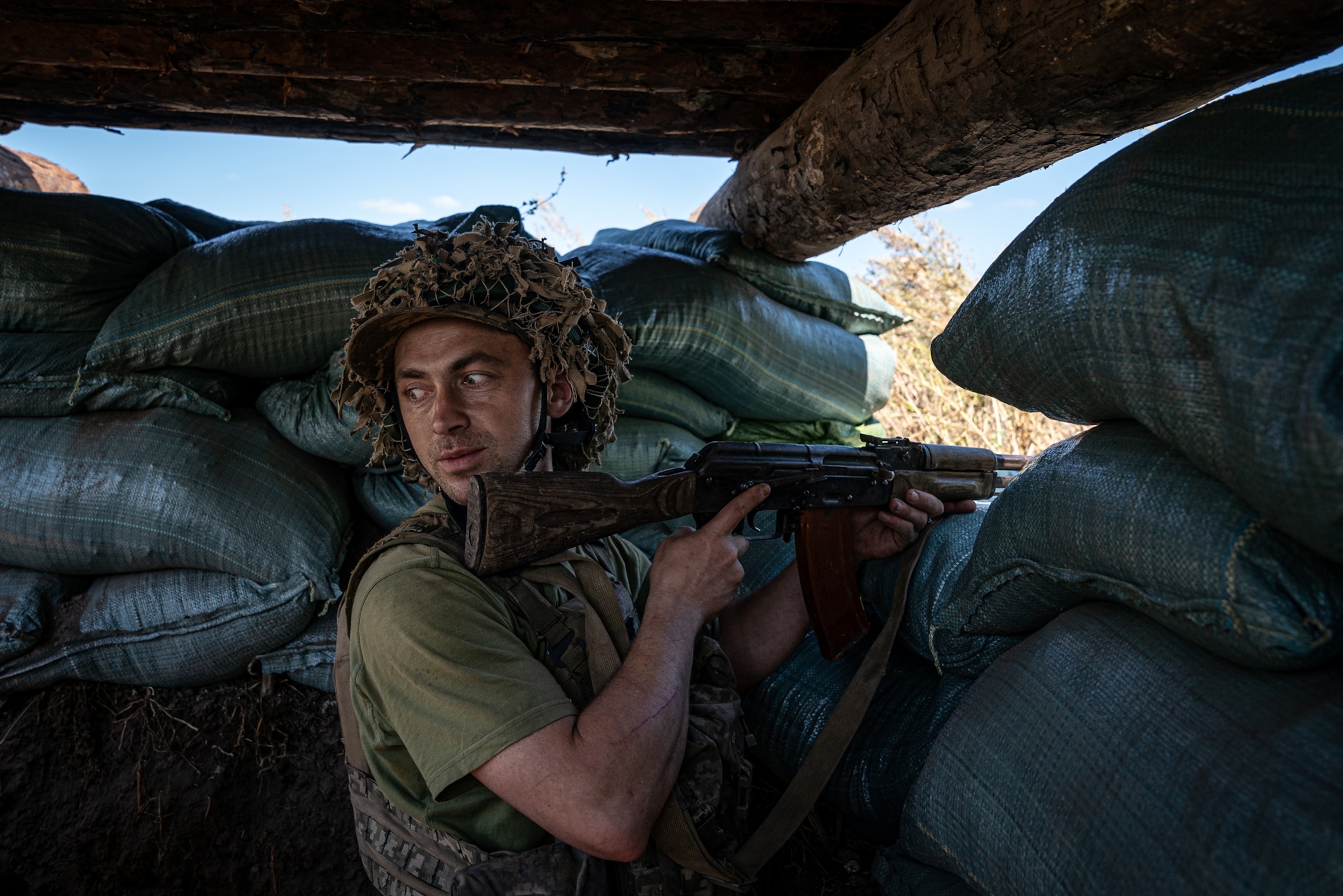 PHOTO: A Ukrainian soldier holds his position inside a trench amid Russia and Ukraine war in Donetsk Oblast, Ukraine on Aug. 17, 2023.