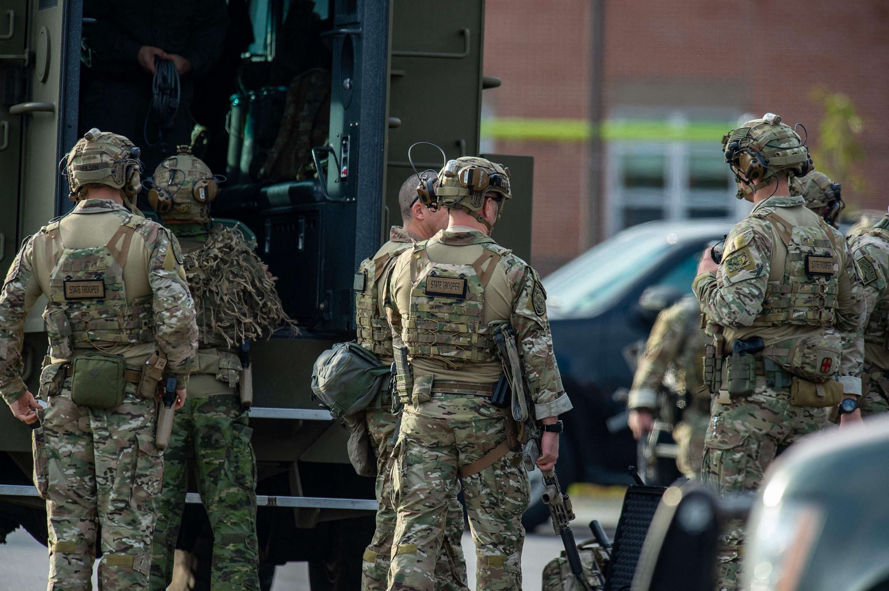 PHOTO: Law enforcement officers gather outside Lewiston High School, Maine on Oct. 26, 2023.