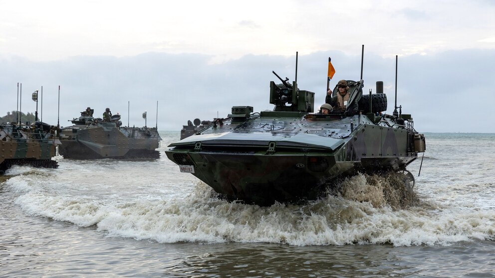 PHOTO: U.S. Marines with 31st Marine Expeditionary Unit, operate an amphibious combat vehicle alongside Japan Ground Self-Defense Force service members during exercise Iron Fist 26 at Kushi Crossing, Okinawa, Japan, March 4, 2026. 