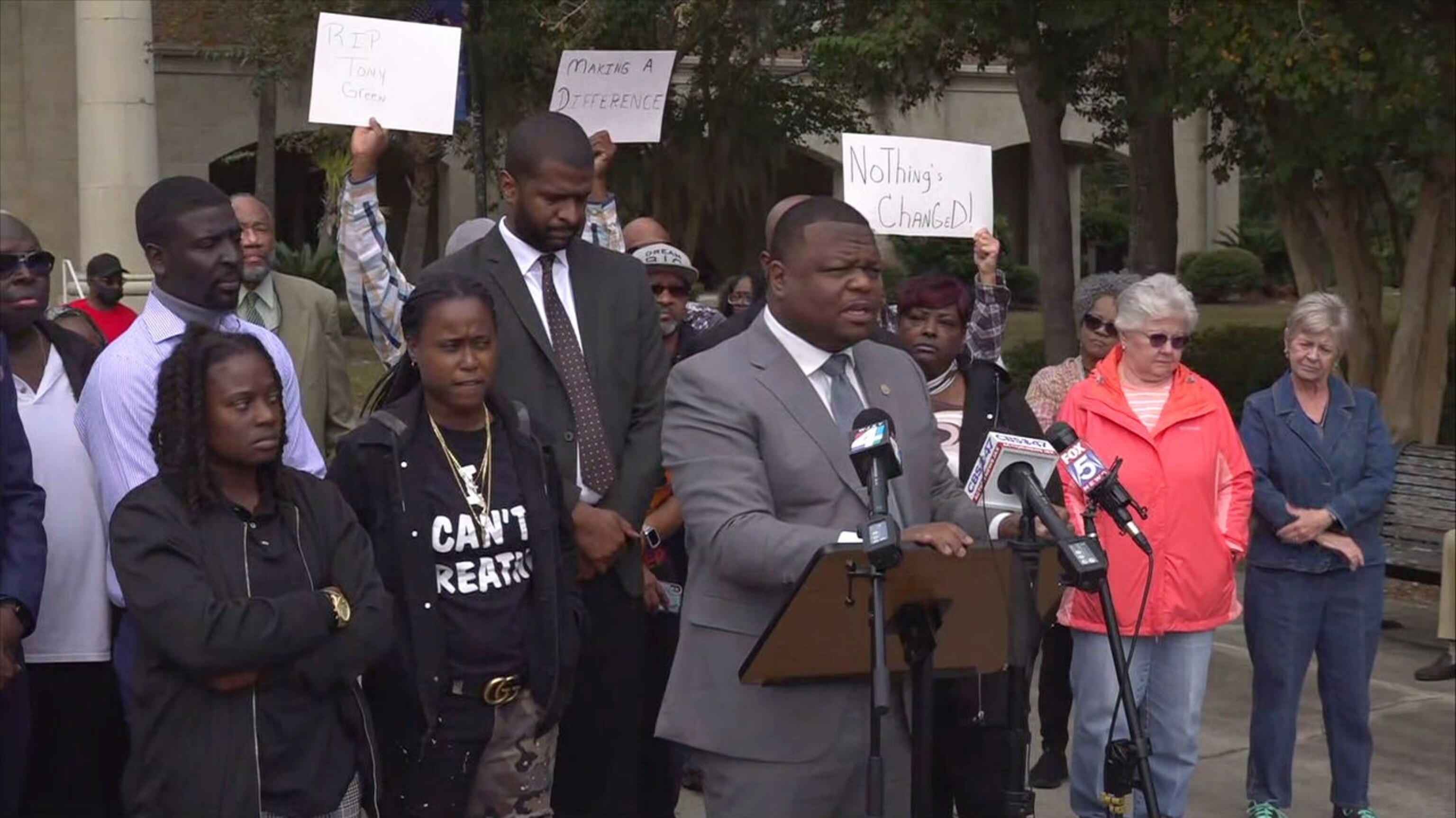 PHOTO: Attorney Harry Daniels speaks at a press conference about Jarrett Hobbs being assaulted by jailers at the Camden County Detention Center, as Hobbs' sisters look on, in Woodbine, Ga., on Nov. 16, 2022.