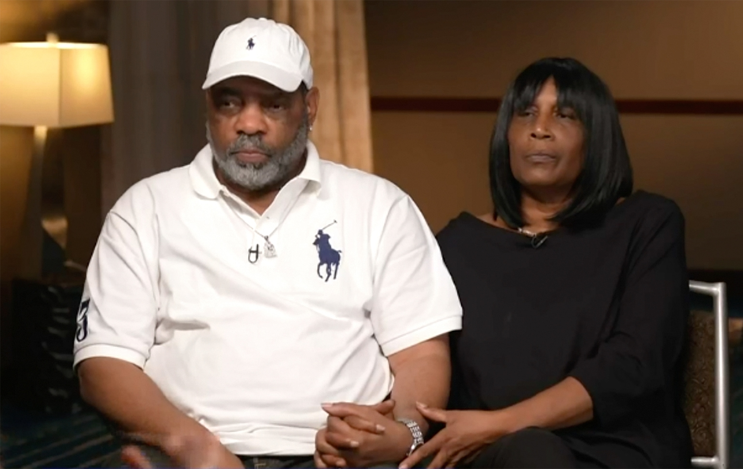 PHOTO: RowVaughn Wells, mother of Tyre Nichols sits with her husband, Tyre's stepfather Rodney Wells during an interview with ABC News, Jan. 27, 2023.