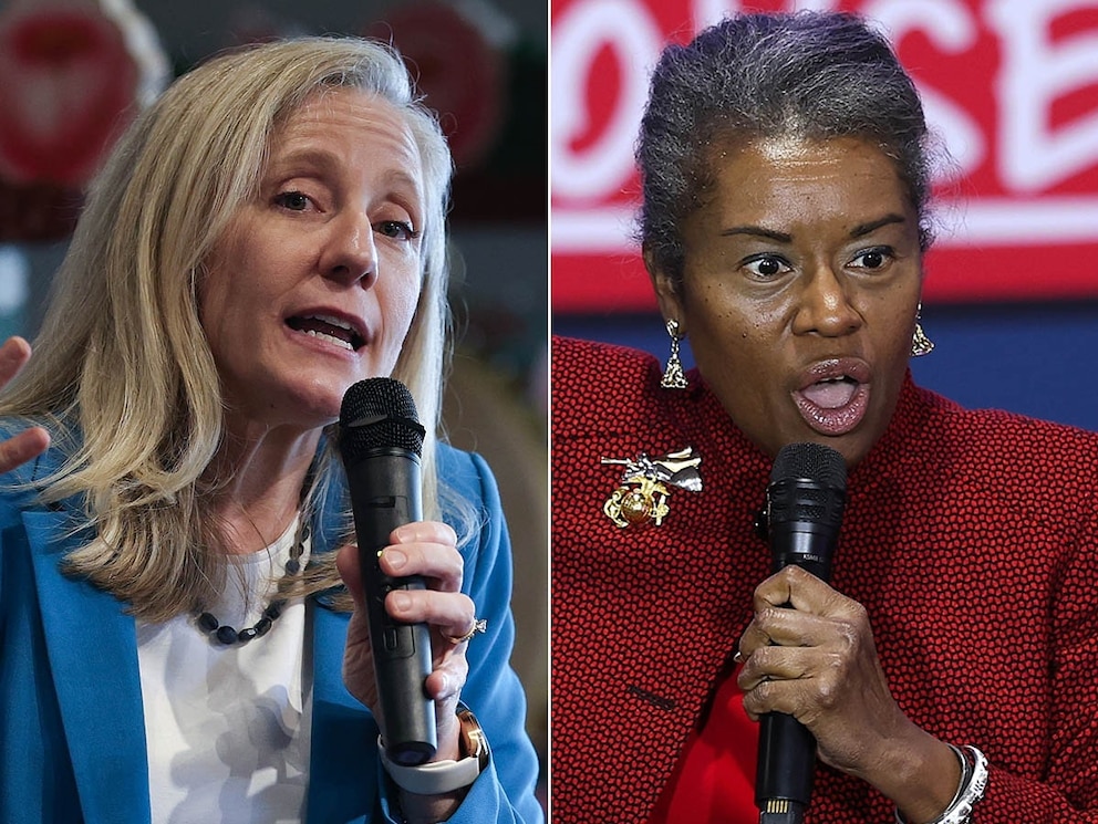 PHOTO: Virginia Democratic gubernatorial candidate, former Rep. Abigail Spanberger speaks, Oct. 30, 2025, in Annandale, Va. Virginia Republican gubernatorial candidate Winsome Earle-Sears speaks during a campaign event, Oct. 30, 2025, in Harrisonburg, Va.
