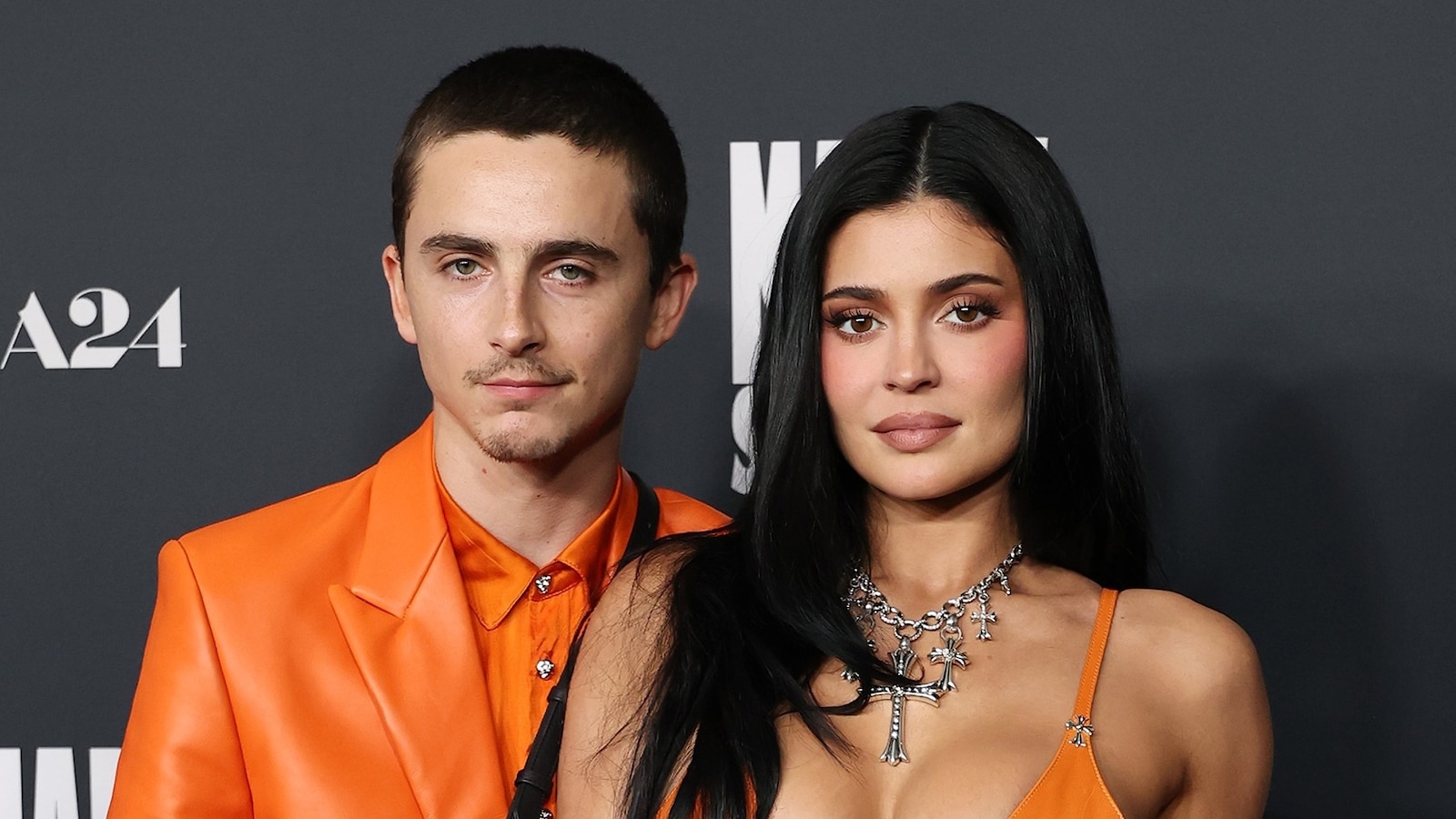 Timothée Chalamet, Kylie Jenner match in orange outfits at 'Marty(01)