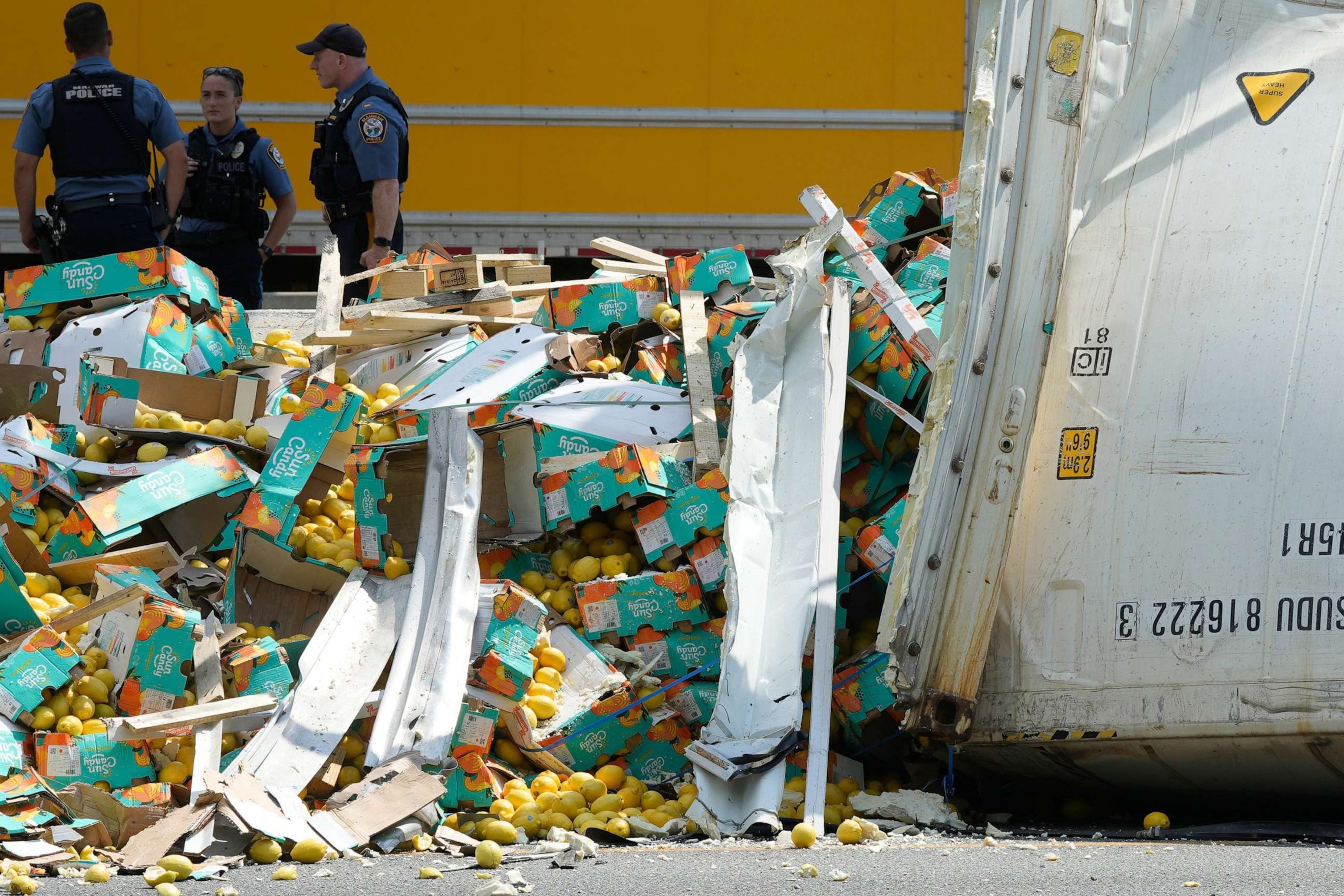 PHOTO: A tractor trailer hauling lemons lost its trailer over the jersey barrier striking an on coming vehicle in the southbound lanes of Route 17 in Mahwah, N.J., on Aug. 2, 2023.