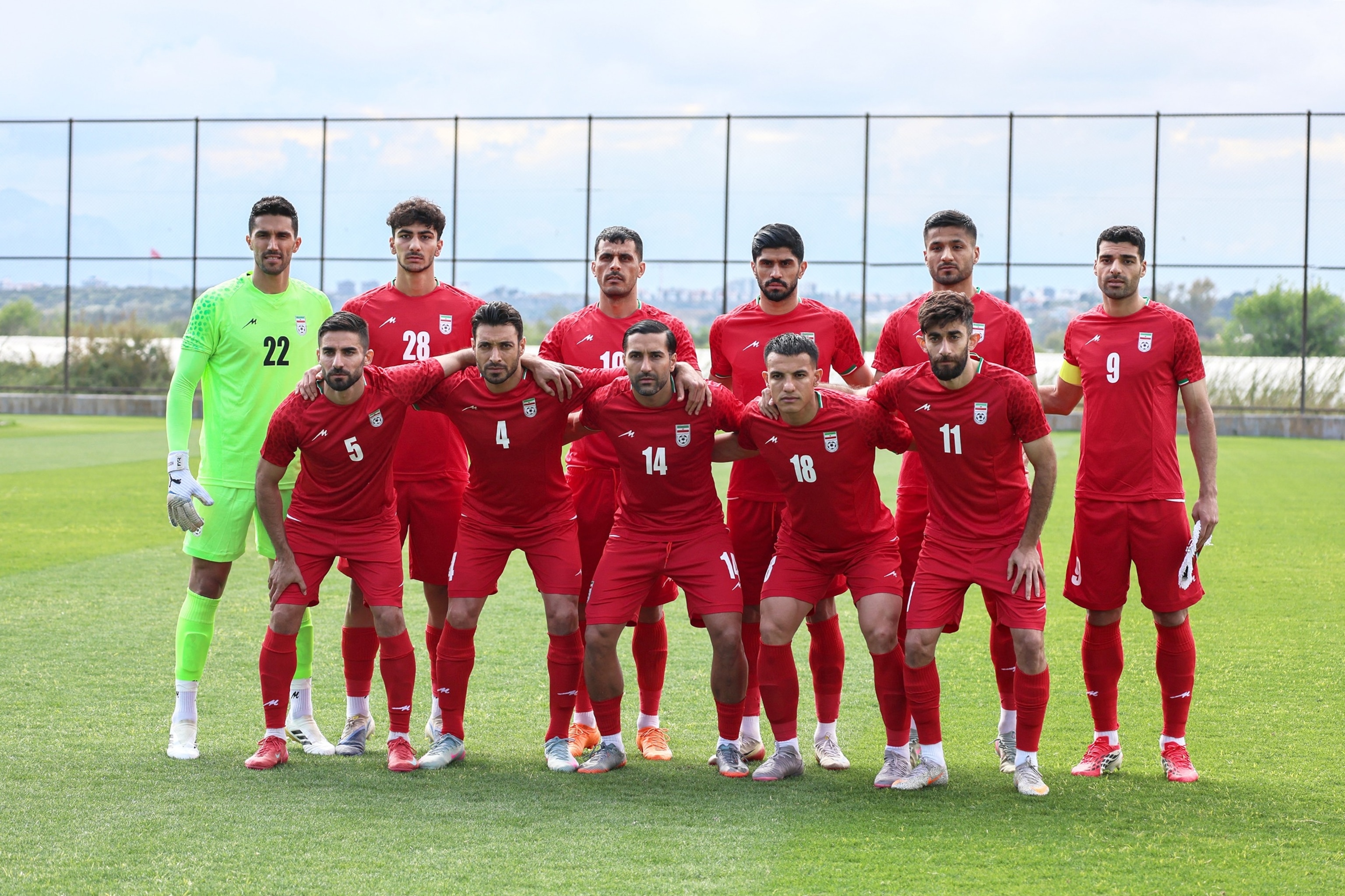 PHOTO:Iran's national football team's players pose on the pitch before a friendly match between Iran and Costa Rica, in Antalya, southern Turkey, on March 31, 2026. 