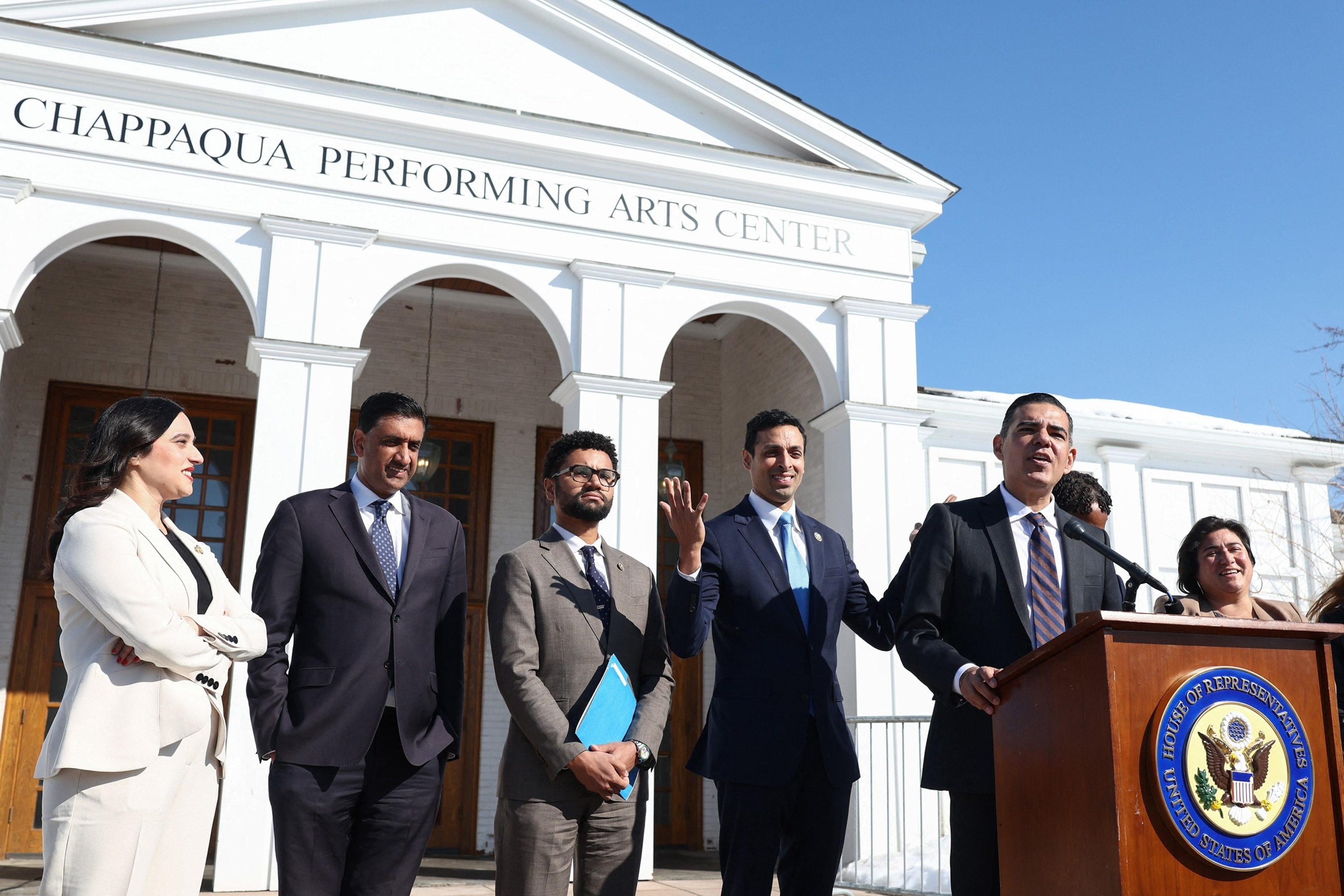 PHOTO: Rep. Robert Garcia speaks to the press during a deposition with former President Bill Clinton as part of the committee's investigation into convicted sex offender Jeffrey Epstein, in Chappaqua, New York, on Feb. 27, 2026. 